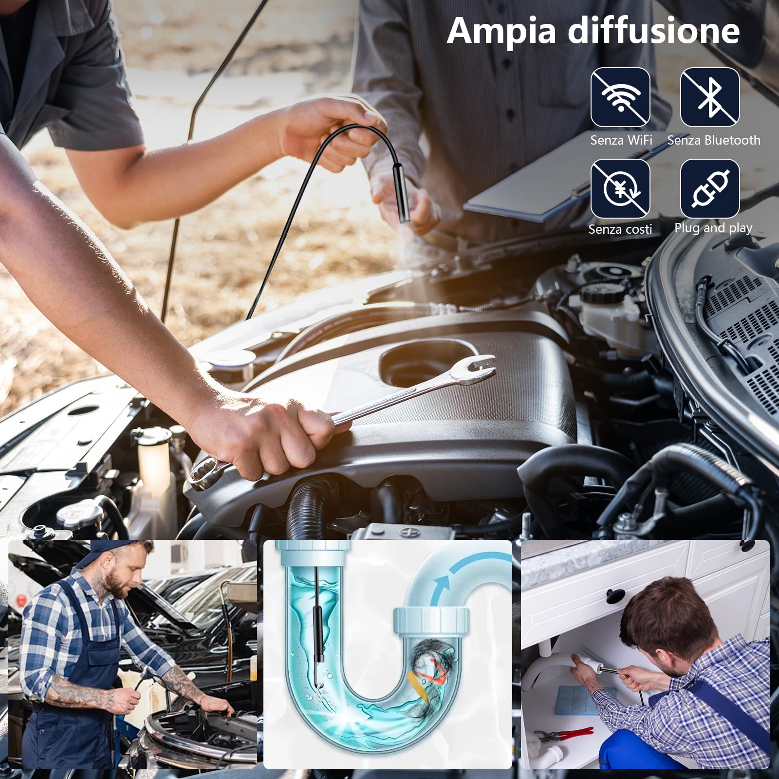 Endoscopio Professionale 10M per Smartphone | Sonda con Telecamera Ispezione Tubi 1080P HD - Telecamera Endoscopica Impermeabile IP67 con 8 LED, Magnete e Gancio per Motori, Tubature, Scarichi