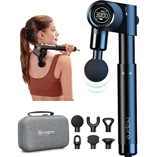 NAPRE Foldable Massage Gun Deep Tissue with 5 Adjustable Angles,Portable Handheld Percussion Back Massager for Muscle/Neck/Body Pain Relief with Long Extension Metal Handle,32-Speeds,with Carry Case