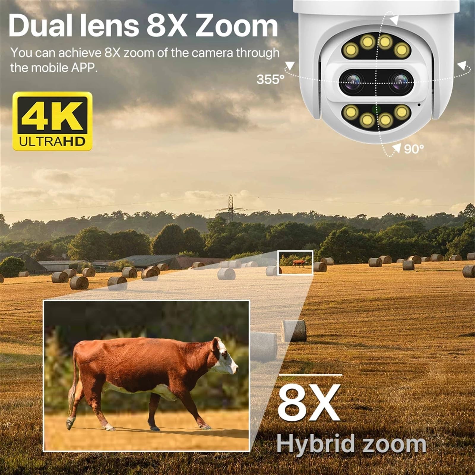 Telecamera Wifi Esterno, Telecamera IP esterna da 8MP 4K Zoom 8x Telecamera di videosorveglianza PTZ con doppio obiettivo Telecamera CCTV HD senza fili con rilevamento umano ,Sicurezza, Antifurto(4MP