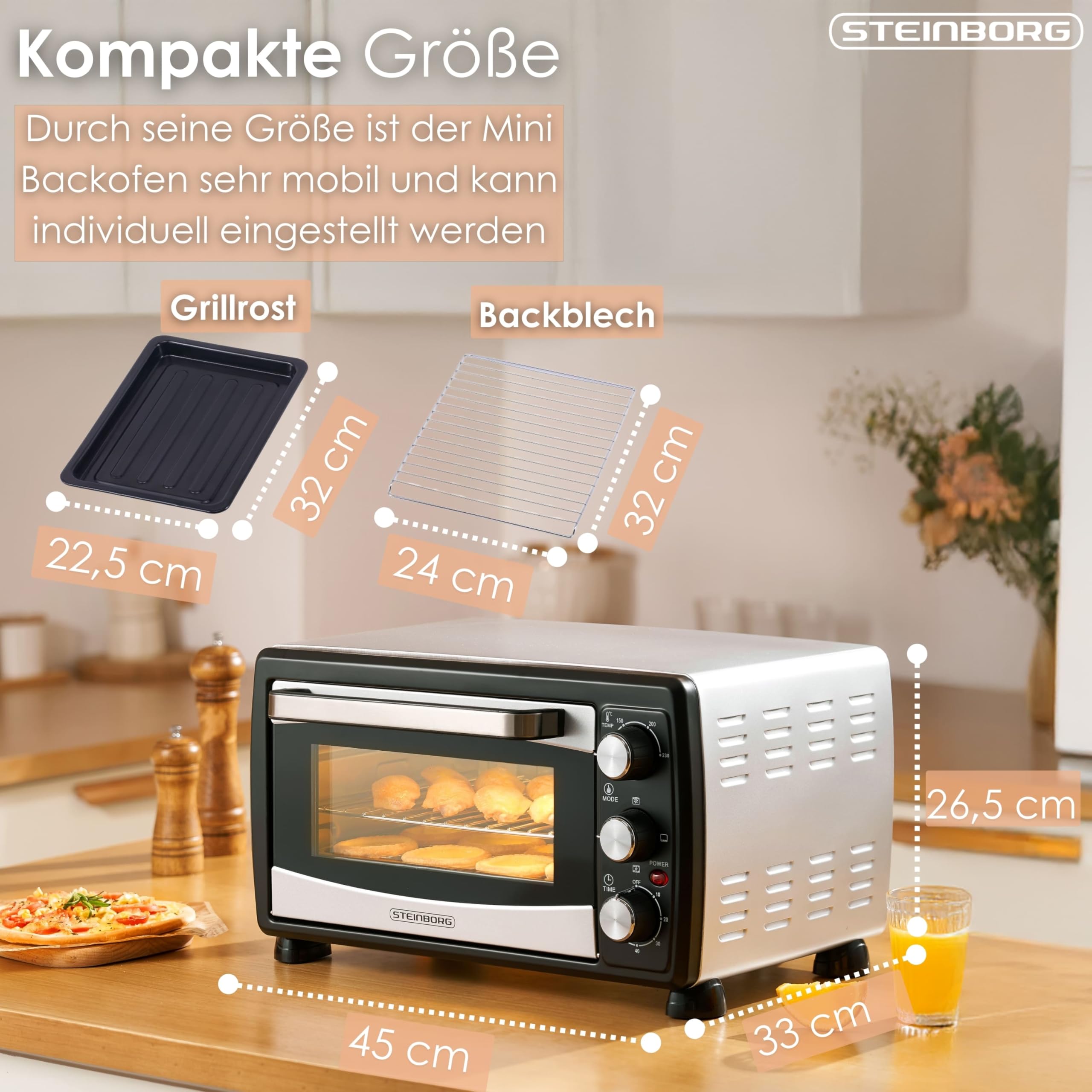Steinborg Mini piekarnik konwekcyjny, 20 l, piec do pizzy, konwekcja, grzanie górne i dolne, 1400 W, mini piekarnik z timerem, mały piec kempingowy lub