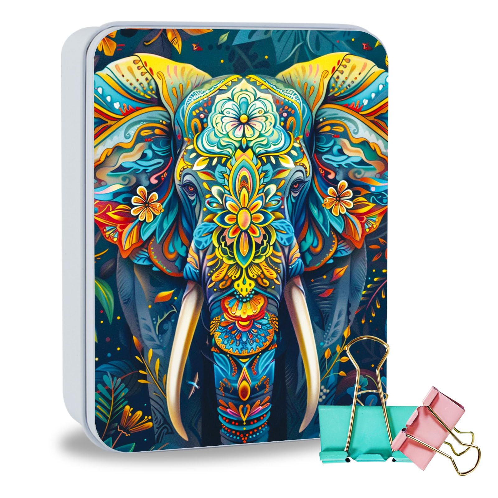 Metal Tin Box Sturdy Metal Storage Box with Lid, Large Container Holder for TCG Cards,Car Keys,Cookies,Tin Containers for Gift,5.0x3.7x1.6 Inch,Exquisite Pattern Design(Flower Elephant)