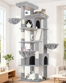 Globlazer S80G Scratching Tree Large Stable XXL 204cm for 3-5 Large Cats | Extra large, multi-storey cat tree with 2 extra-large padded platform, 2 cat houses, 3 hanging baskets