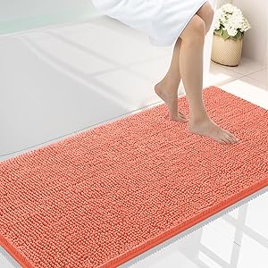 Smiry Luxury Chenille Bathroom Rugs 47x24, Extra Soft and Absorbent Shaggy Bath Mat, Machine Washable, Non-Slip Plush Carpet Runner for Tub, Shower, and Floor, Home Decor Accessories, Coral
