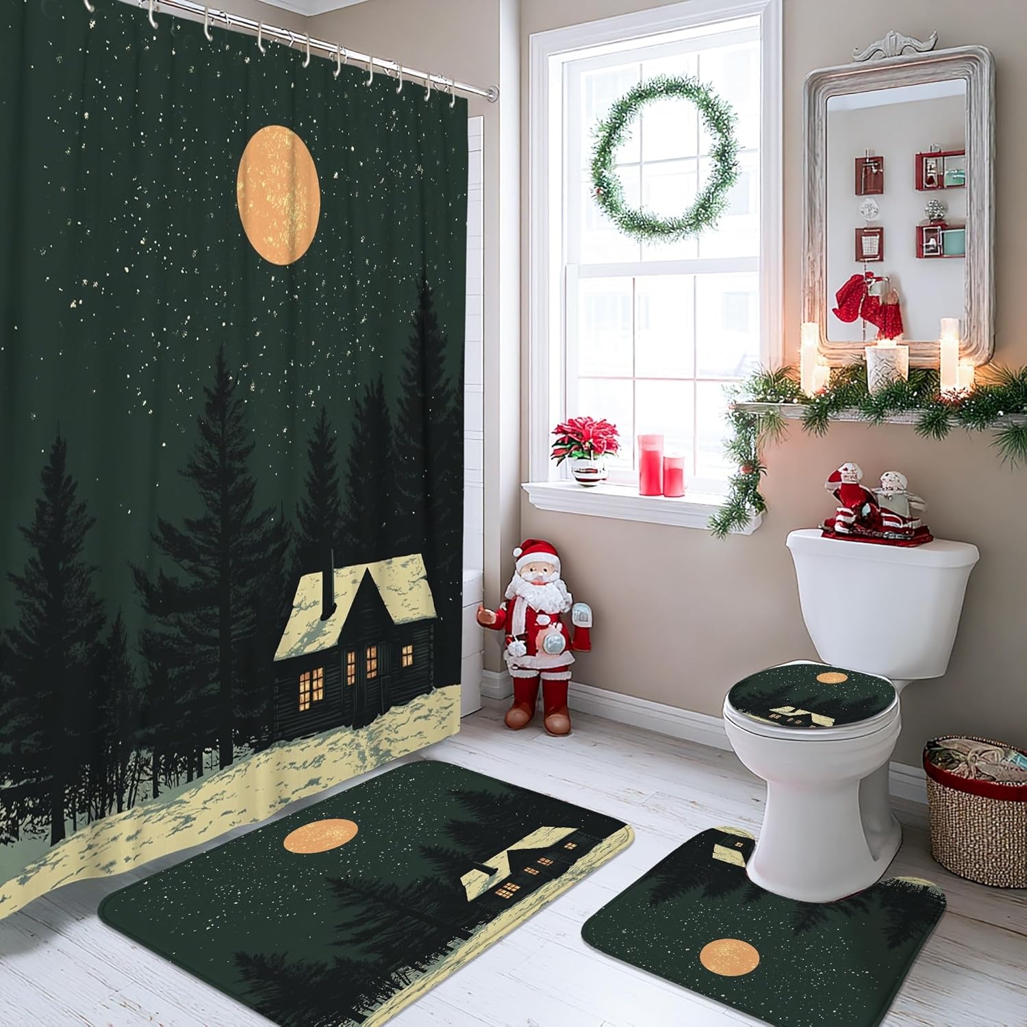 4PCS Winter Farmhouse Christmas Bathroom Sets, Bath with Non-Slip Rug, U Shape Toilet Lid Cover Mat, Forest Lodge Cabin Xmas Bathroom Decor-72''x72''