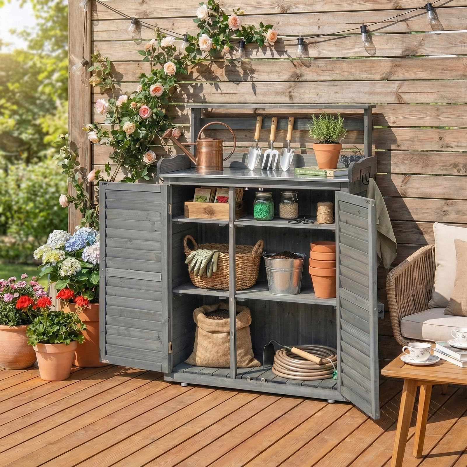 HOMASIS Pflanztisch aus Holz, Gartentisch mit Schrank & Arbeitsplatte, Arbeitstisch mit abnehmbarem Regal & 3 Haken, Blumentisch Outdoor wetterfest, für Terrasse Garten Balkon, 87x45x120cm (Grau)