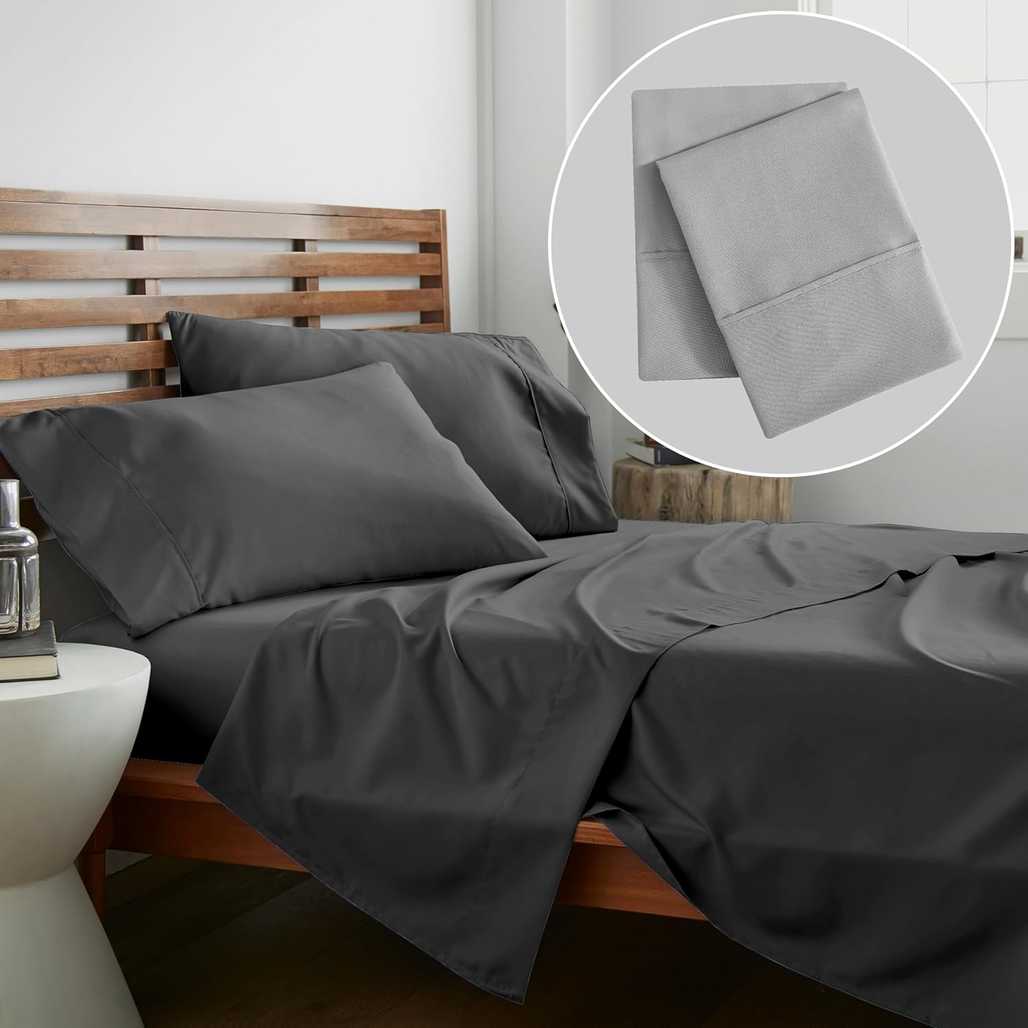 American Home Collection 4 Pieces Ultra Soft Microfiber Sheet Set (Queen, Dark Gray) & Extra 2 Pieces Pillowcases Bundle (Queen, Grey)