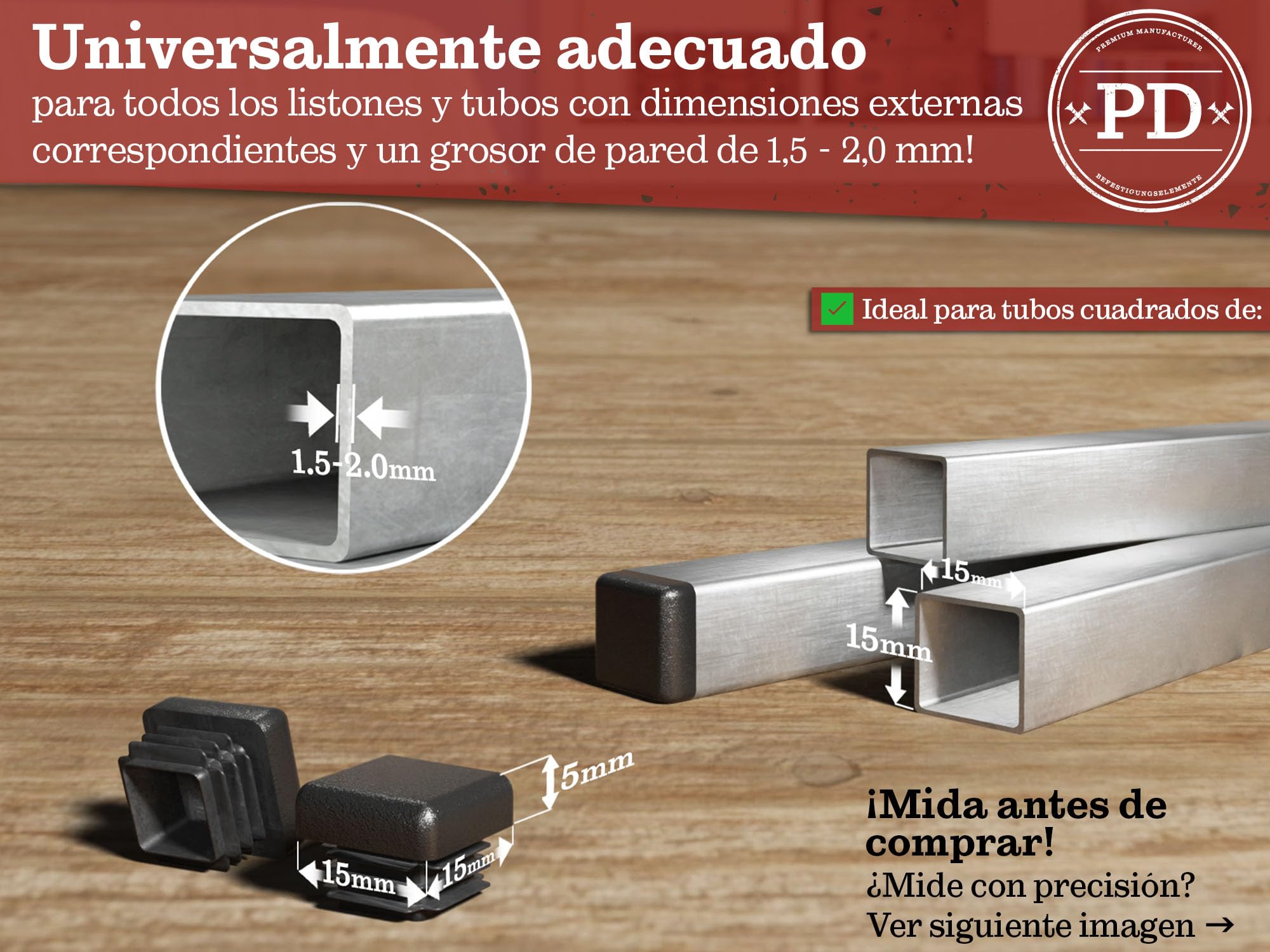 Tapones laminares 15x15mm para tubo cuadrado de plástico PE negro 10 pcs