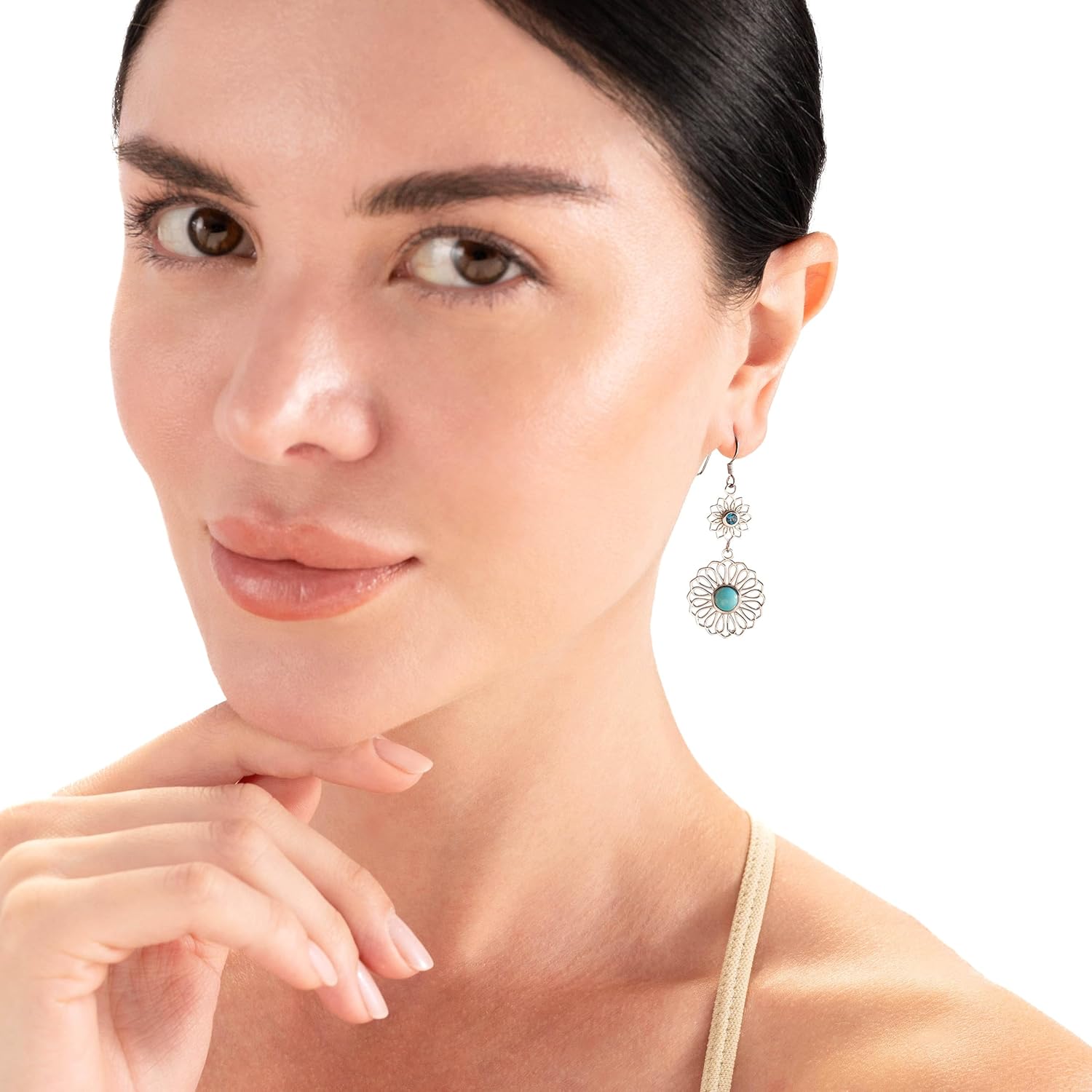 Silvershake 6MM Round Shape Gemstone White Gold Plated or Yellow Gold Plated 925 Sterling Silver Scroll/Filigree Flower Bohemian Inspired Dangle Hook Earrings Jewelry for Women