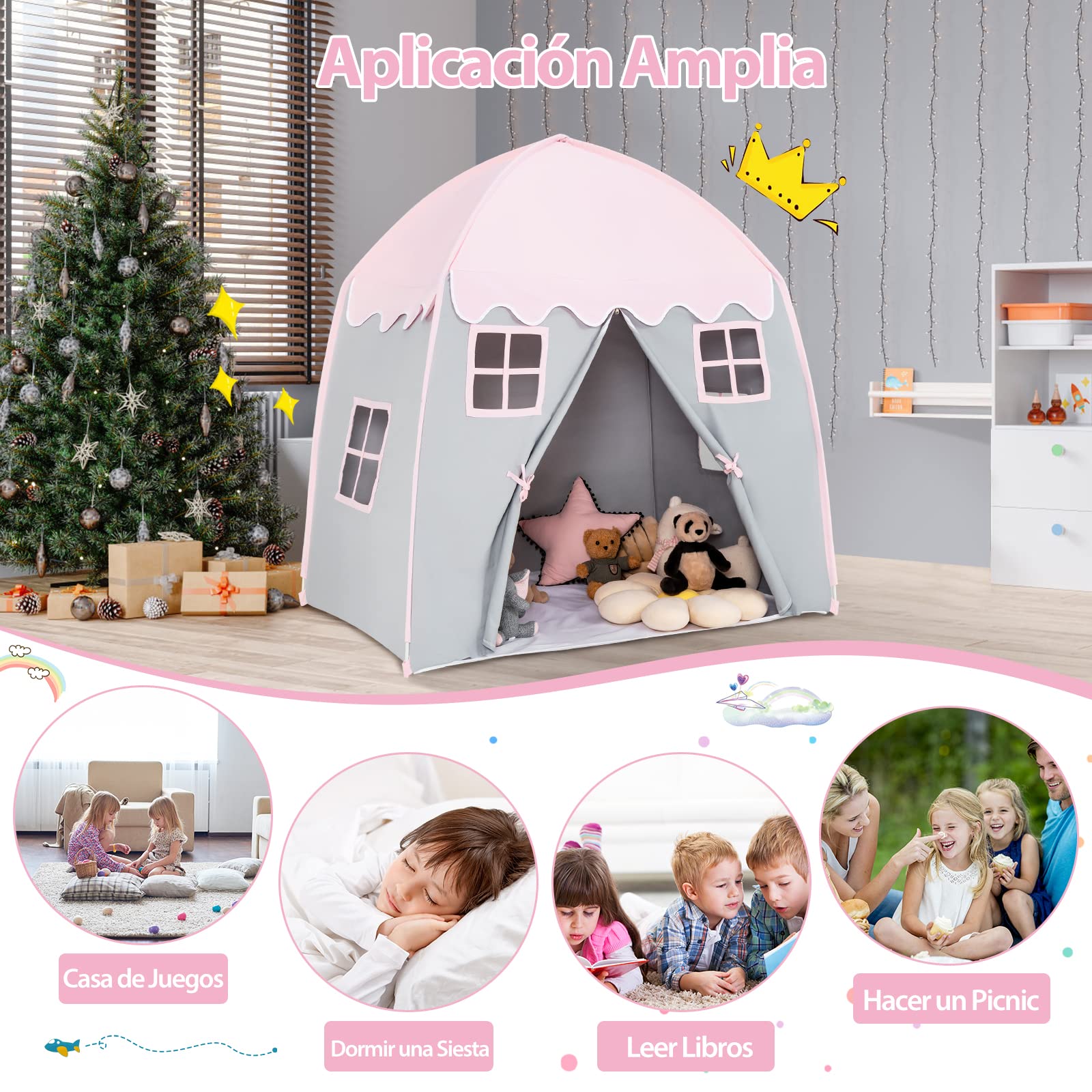 COSTWAY Tienda de Campaña Infantil, Tienda de Juego para Niños, Tienda de Princesa, Diseño con Cremallera, Ventanas, Casita Portátil para Uso Interno y Externo para Niños y Niñas +3 Años (Rosa)