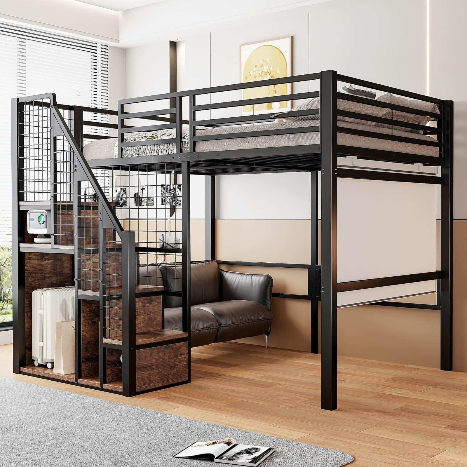 PUGSDRLY Lit Mezzanine Enfant 140x200cm,Lit Mezzanine 2 Places avec échelle de Rangement et Plaque à Mailles en Métal,Design de Clôture Haute,pour Enfant Adolescent (Noir-140)