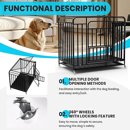 Miniatura 6 de Jaula grande para perros de doble puerta de 42 pulgadas, jaula para perros indestructible, a prueba de escapes, jaula de metal resistente con polea,