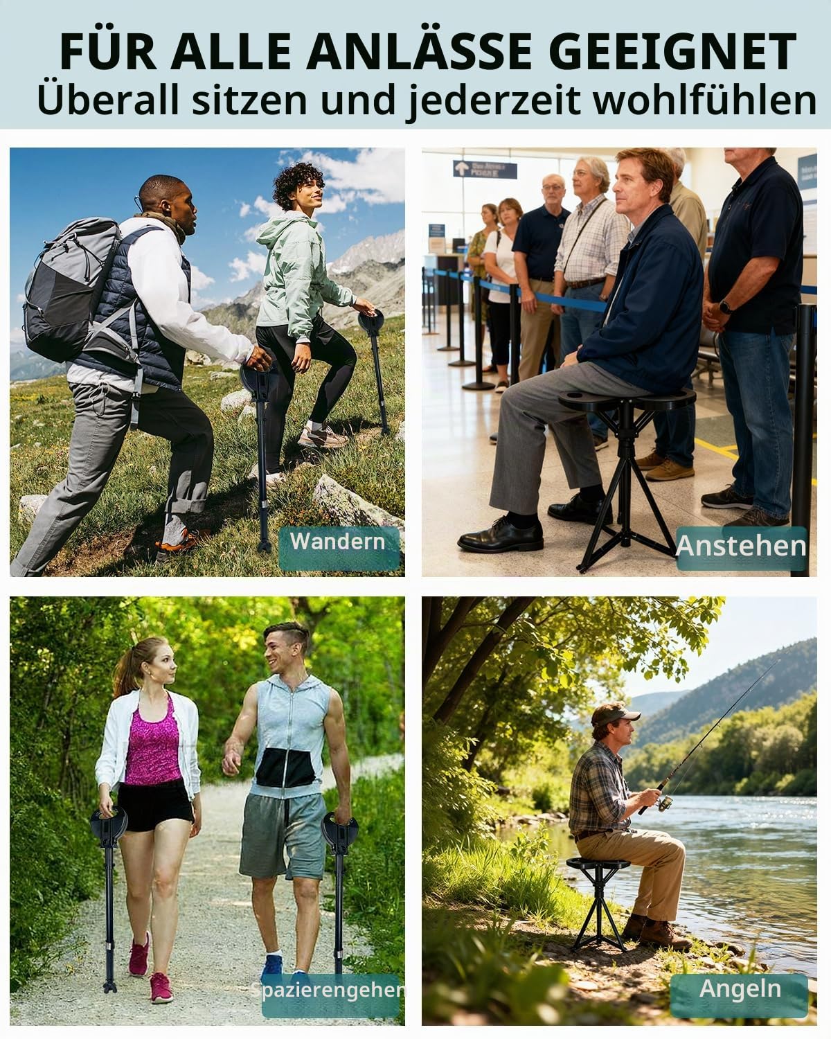 Gehstock mit Sitz, Faltbarer Gehstock, Höhenverstellbare Leichtbau-Gehstock für Erwachsene & Senioren,Geeignet für Wanderungen und den Einsatz im Freien mit Tragetasche (Tragkraft 250 KG)
