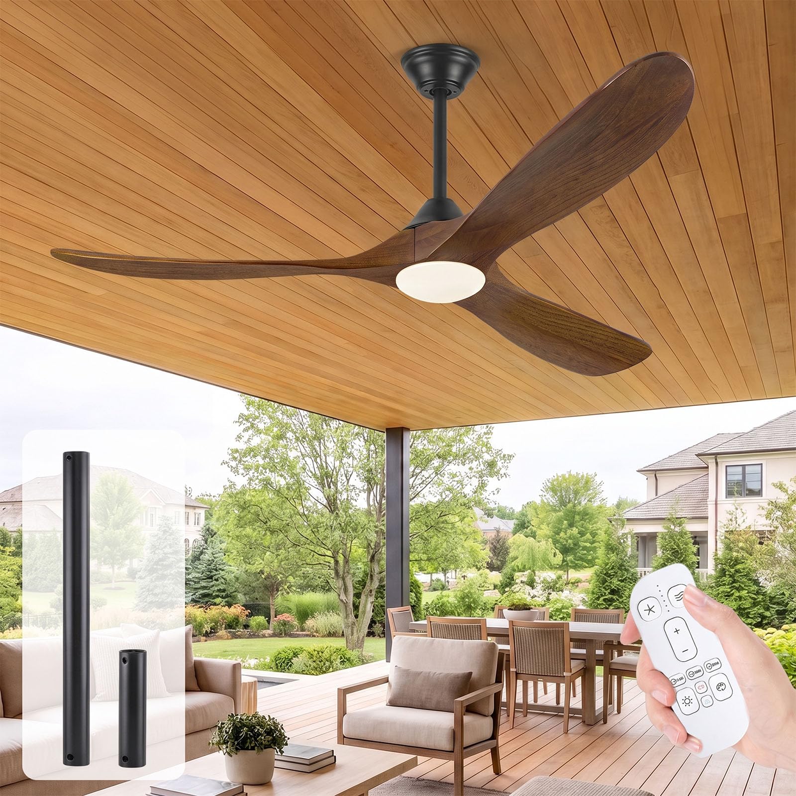 Ventilador de techo de madera de 106 cm con luz, ventilador de techo rústico de granja con mando a distancia, vetilador de techo reversible con motor DC para dormitorio, exterior cubierto