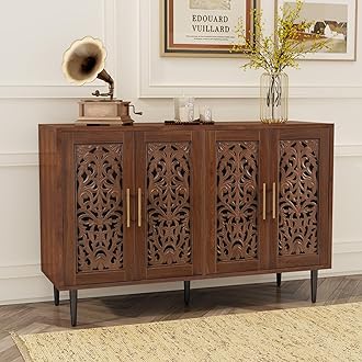 Wooden Sideboard Storage Cabinet with 4 Doors, Vintage Hollow Carving Buffet Accent Cabinet, Modern Brown Sideboards for Living Room, Kitchen, Dining Room, Hallway