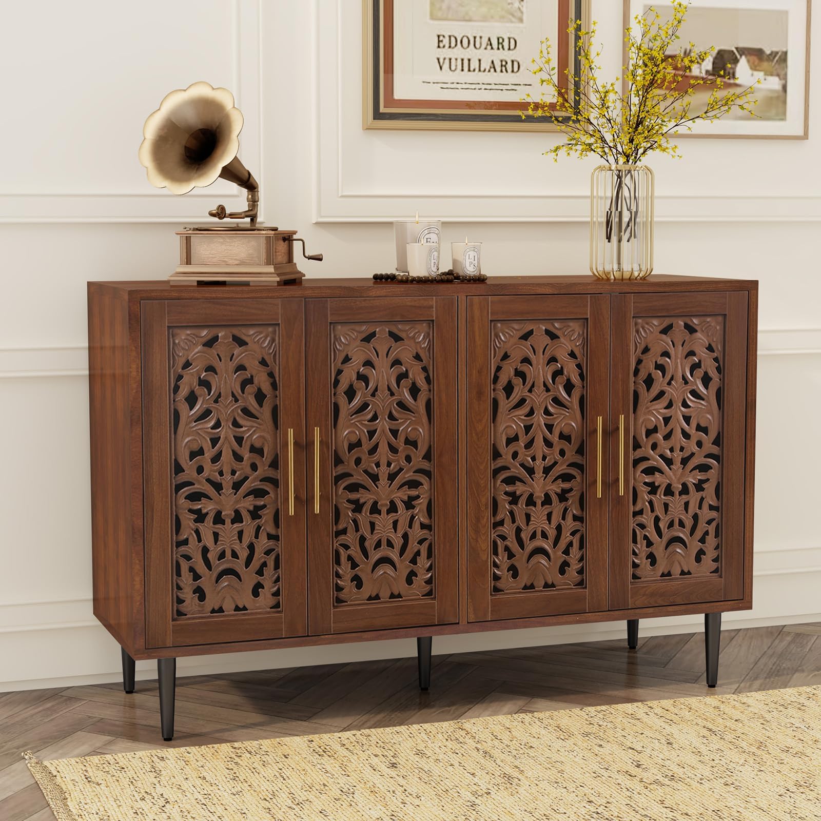 HOLTICO Wooden Sideboard Storage Cabinet with 4 Doors, Vintage Hollow Carving Buffet Accent Cabinet, Modern Brown Sideboards for Living Room, Kitchen, Dining Room, Hallway