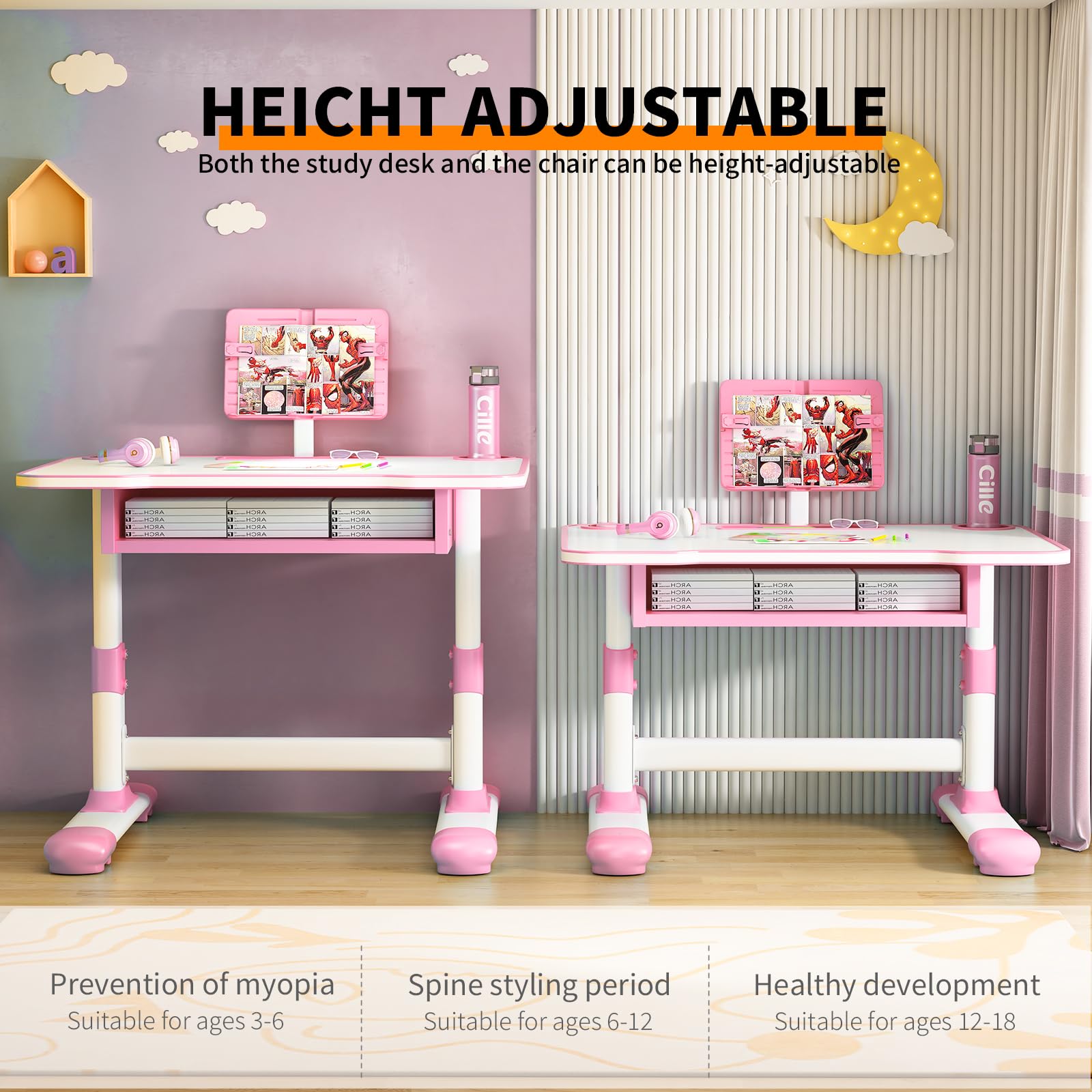Vinteky Kinderschreibtisch Stuhl Höhenverstellbar, Kindertisch Stuhl Set mit neigbarer Tischplatte Schreibtisch Kinder Mädchen & Jungs, Höhenverstellbarer Schreibtisch mit Schubladen (Rosa)