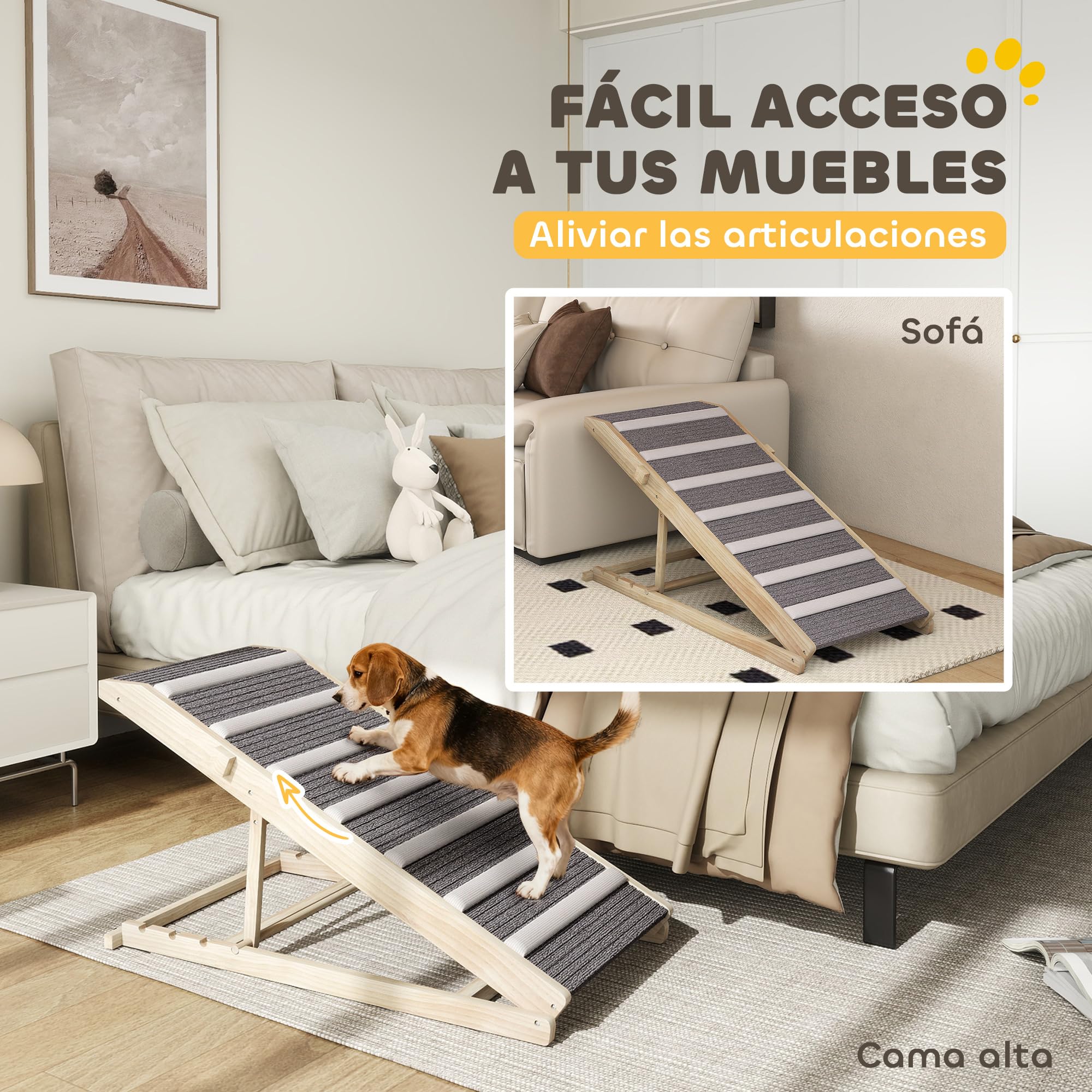 PawHut Rampa para Perros Plegable y Altura Ajustable 35-50 cm, Rampa para Mascotas de Madera con Alfombrilla Antideslizante y Asa, para Perros Pequeños Medianos y Grandes, para Cama Sofá, 100x50x50 cm