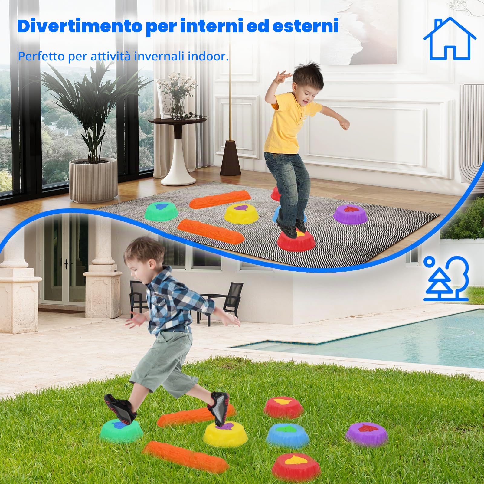 Balance Board Bambini, 8 Pietre di Bilanciamento Bambini Antiscivolo, Gioco Equilibrio Bambino Promuove la Coordinazione Equilibrio per Interni ed Esterno Giochi da Giardino