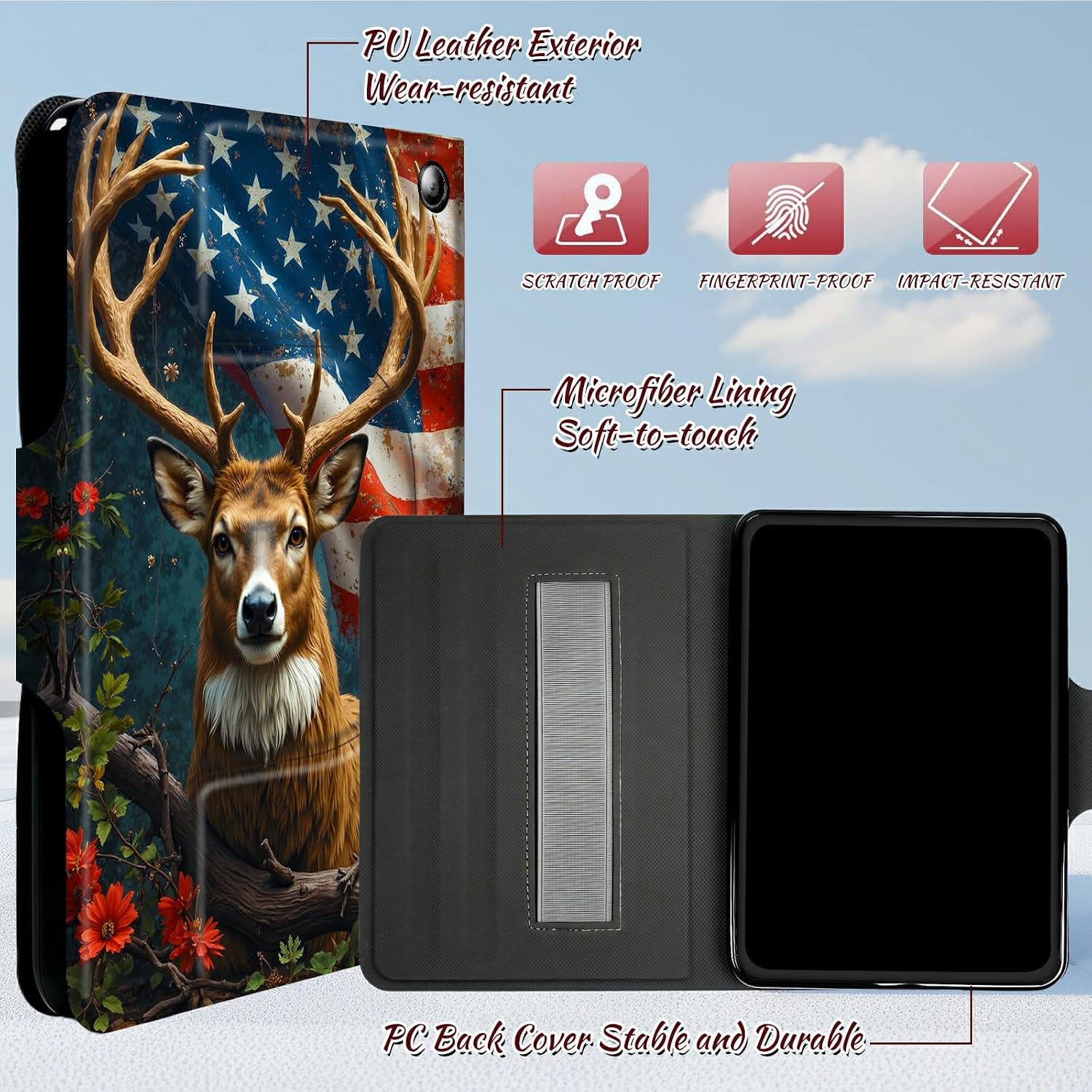 Case for Amazon Fire HD 10/10 Plus(13th/11th Generation, 2023/2021 Release), 360 Degree Rotation Lightweight PU Leather Stand Cover with Hand Strap for Women Men, Flag Flower Deer