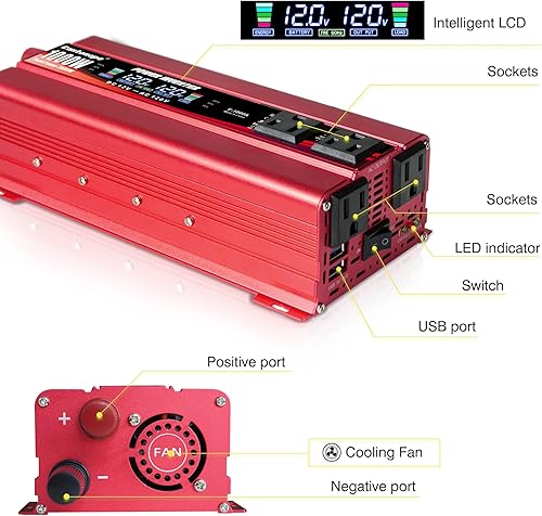 Miniatura 2 de Cantonape 1000W2000W (pico) Inversor de corriente de coche DC 12V a 110V AC con pantalla LCD, 4 salidas de CA y cargador de coche USB dual para