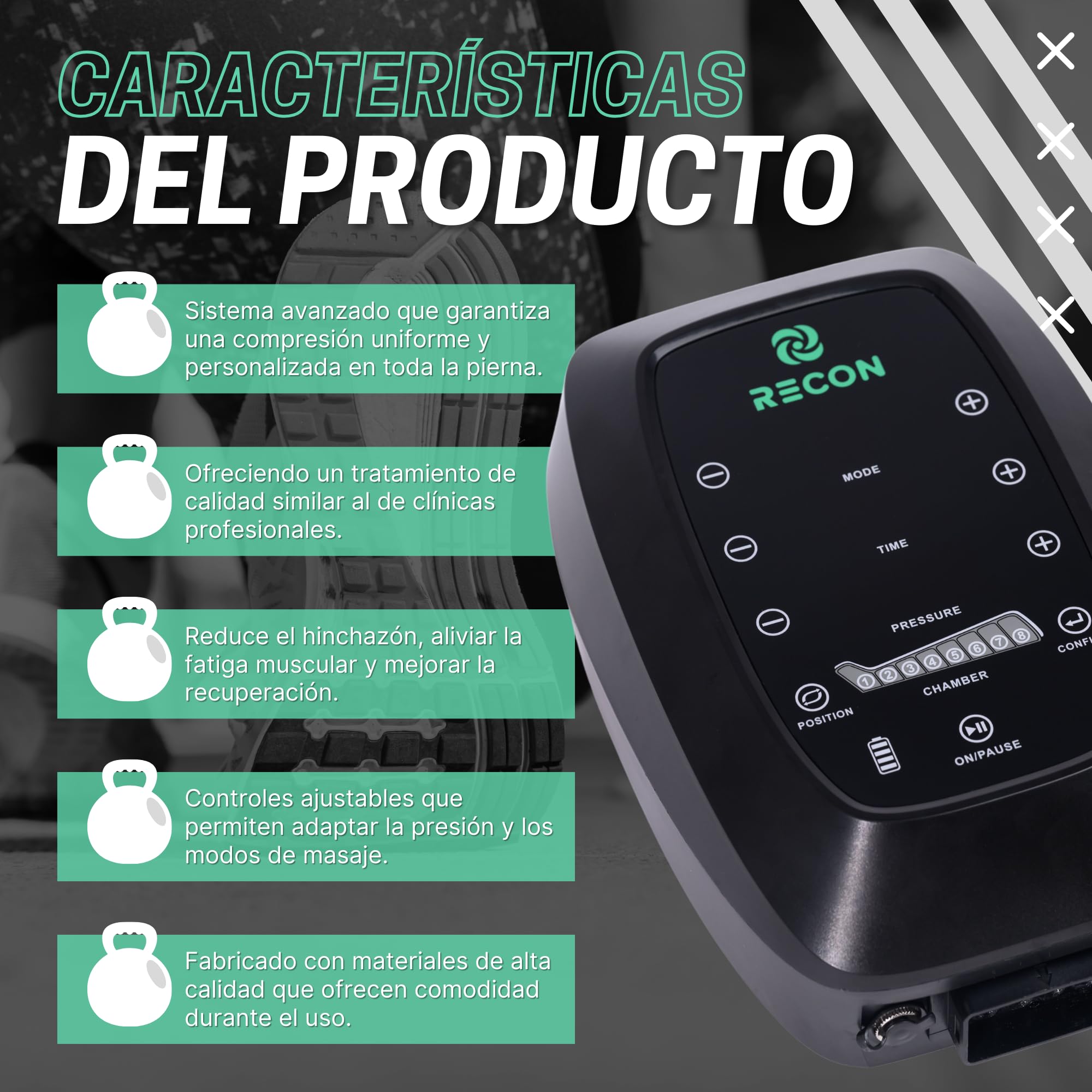 Pantalón de Presoterapia Masajeador con 8 cámaras 6 modos de masaje y batería. Equipo profesional de masaje. Recon®
