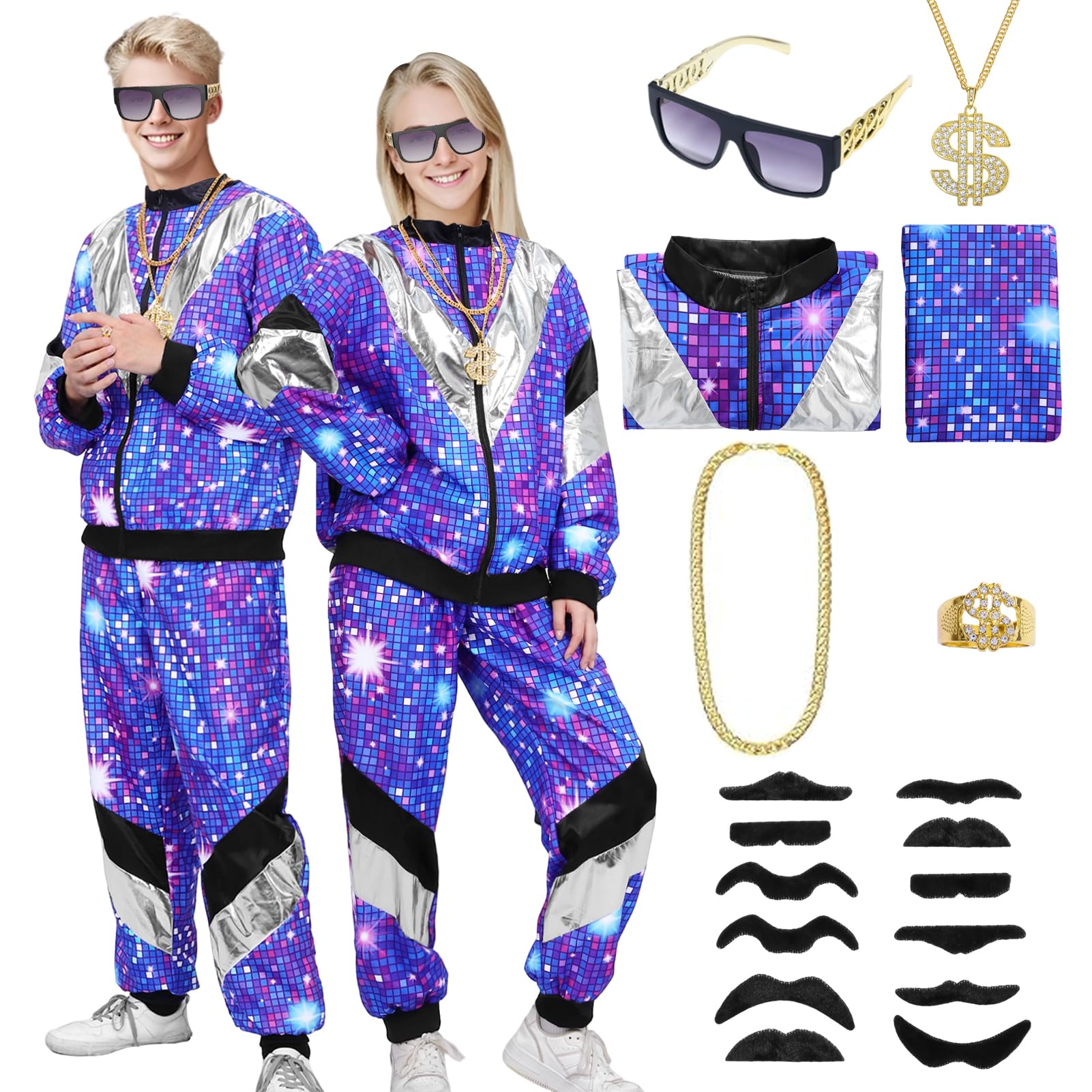Antsparty 80s Shell Suit Costume for Men Women, 1980s Fancy Dress Costume Set with Accessories, 80s Tracksuit Retro Disco Outfit for 80s Party