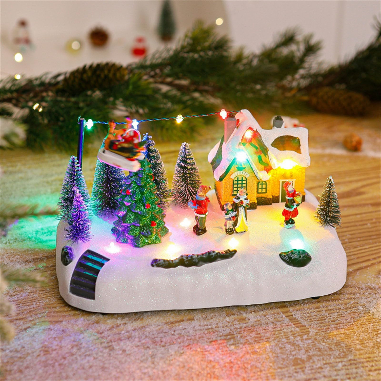 Caja de música navideña con efecto de luz y melodías de festival para interiores de Navidad, iluminación LED, adorno musical de resina para escritorio