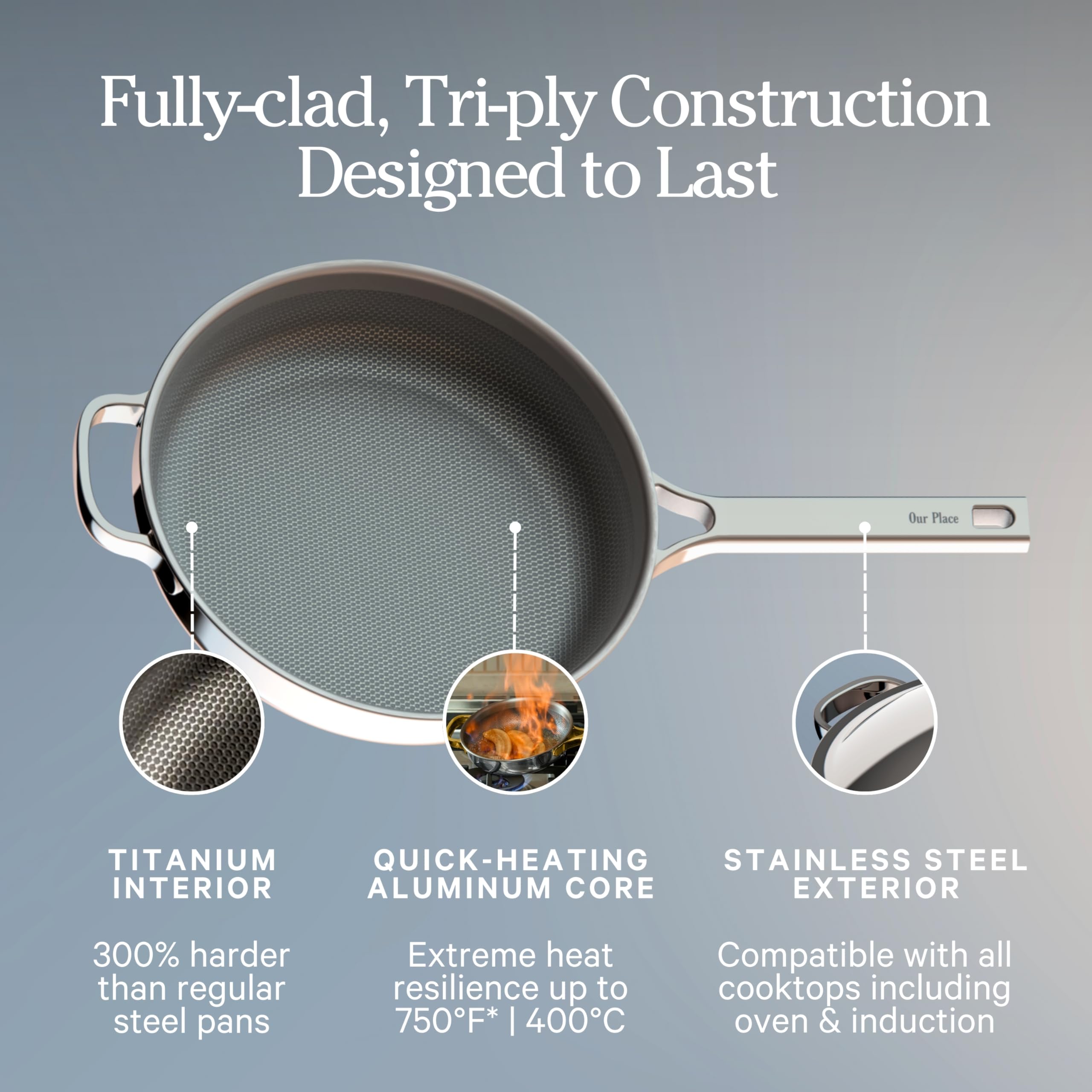Our Place Titanium Always Pan Pro | 10.6 PFAS-Free Nonstick Frying Pan with Spatula | Chef-Grade Tri-Ply Stainless Steel & Aluminum Build | Induction & Oven-Safe up to 750F | Gold product thumbnail 6