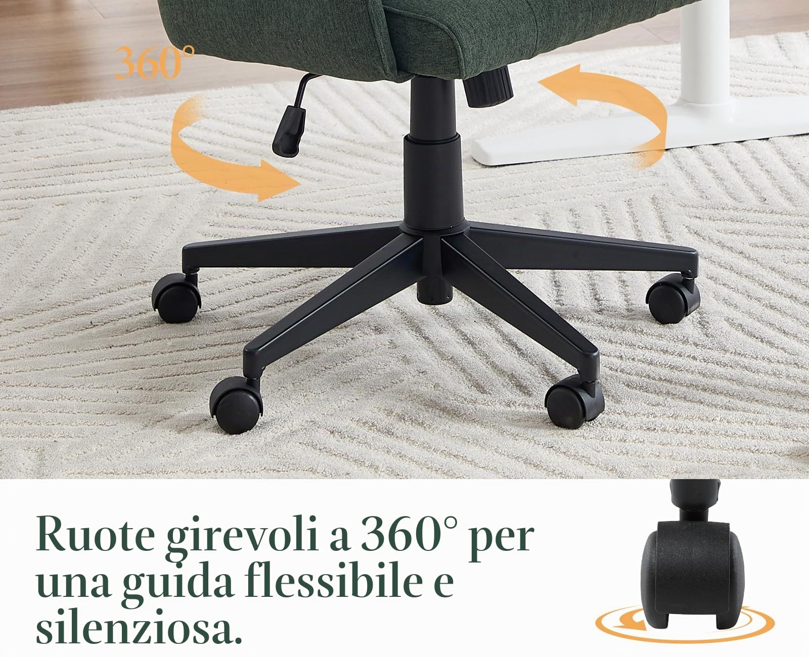 Sedia da Scrivania in Tessuto Sedia da Ufficio Girevole Sedia da Computer Regolabile in Altezza Poltroncina da Studio con Ruote, Verde
