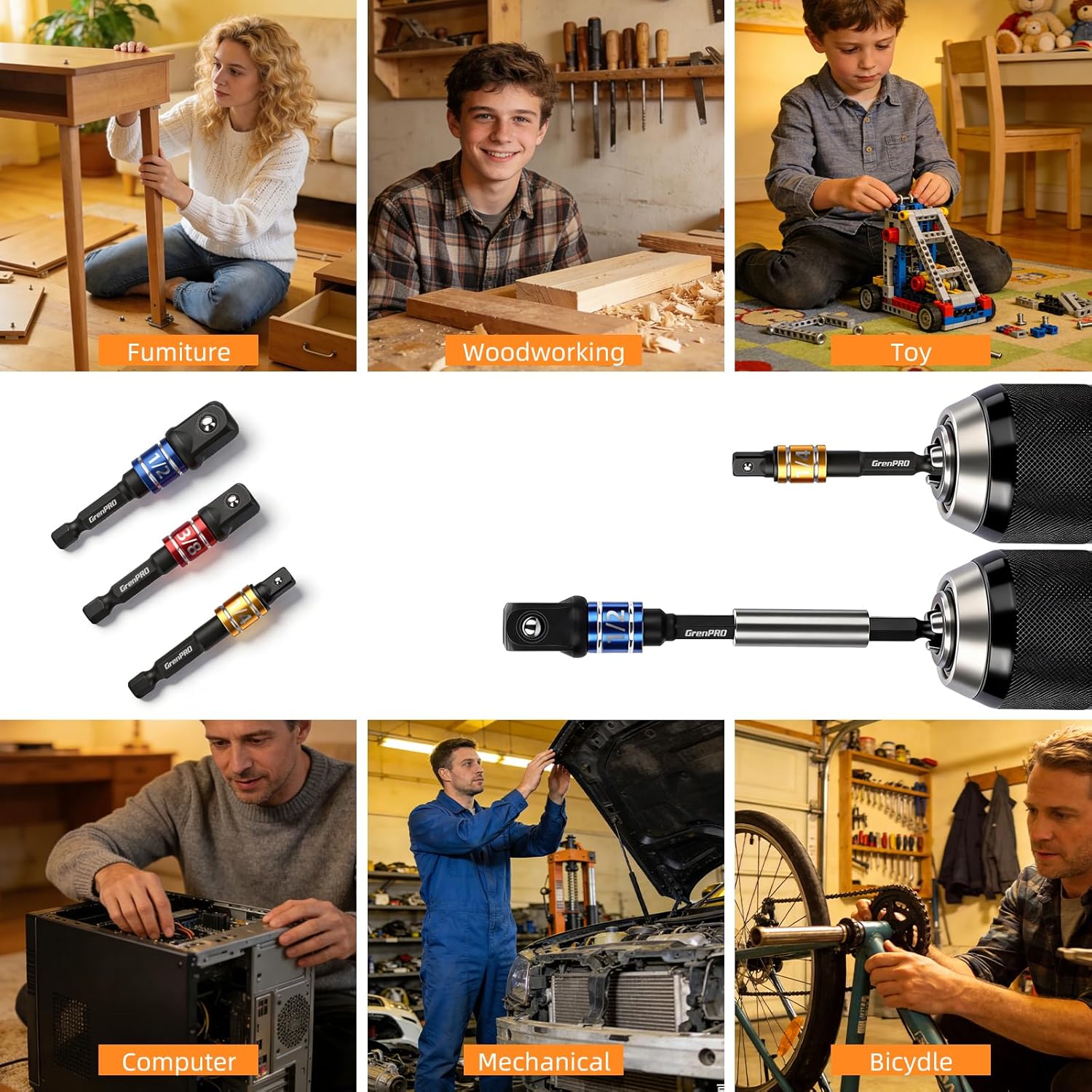 GRENPRO Impact Grade Socket Adapter Set 4PCS, 1/4" 3/8" 1/2" Hex Shank Extension Adapters + 105° Right Angle Drill Attachment, Power Hand Tools for Impact Driver, Household, Workplace & Industry