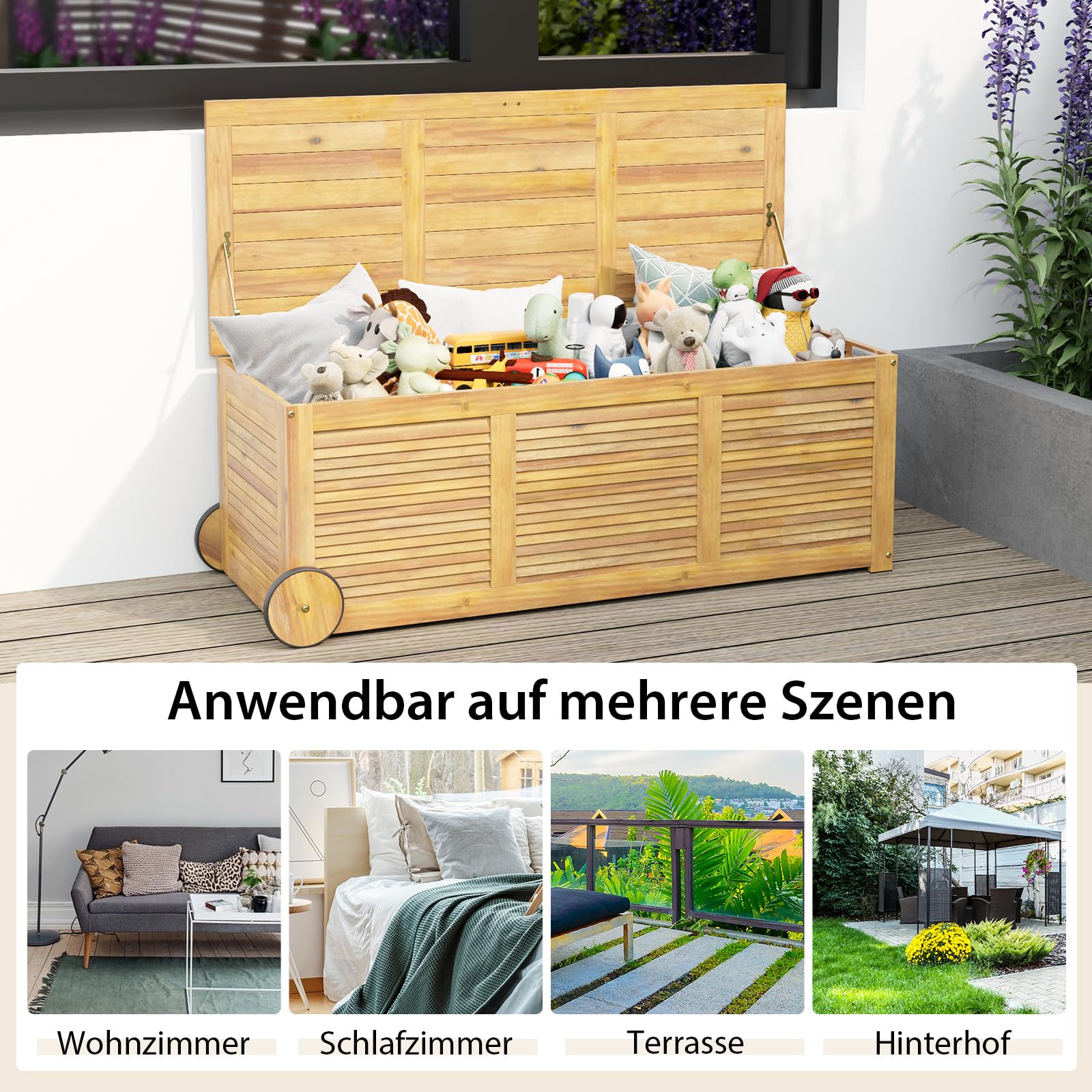 GOPLUS Gartenbox, 182L Aufbewahrungsbox aus Massivholz, Kissenbox mit Rollen, Griff & wasserdichtem Tasche aus PE, Auflagenbox Outdoor für Sitzauflagen, Gartengeräte & Spielzeug, 127x50x45 cm, Natur