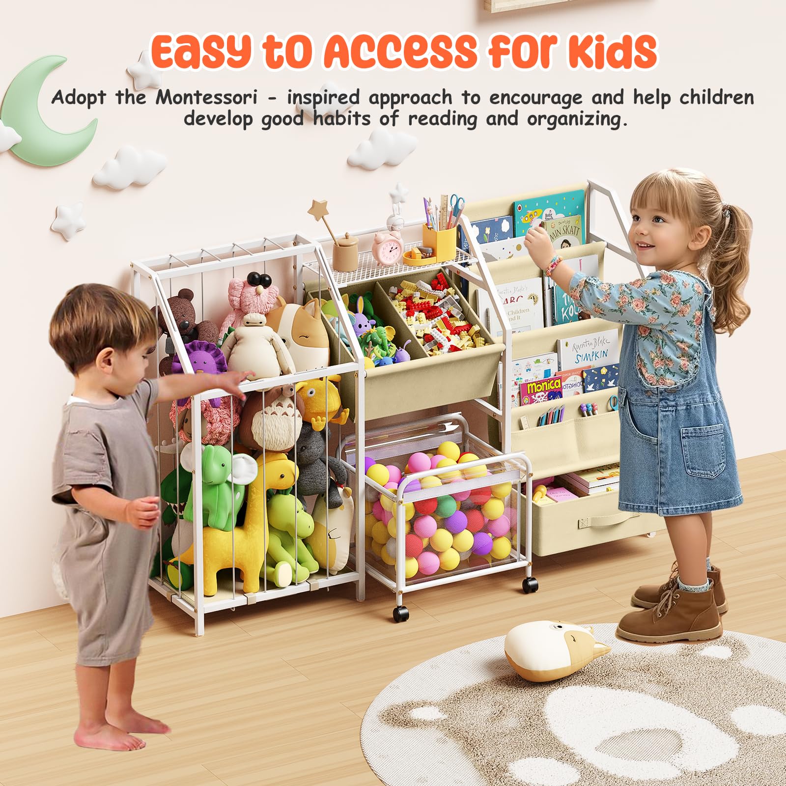 VORTULIUK Kids Bookshelf and Toy Storage, 3 Tier Sling Montessori Bookcase with Toy Organizer & Stuffed Animal Storage, Children Baby Toddler Book Shelf for Kids Rooms Nursery Bedroom Playroom, White