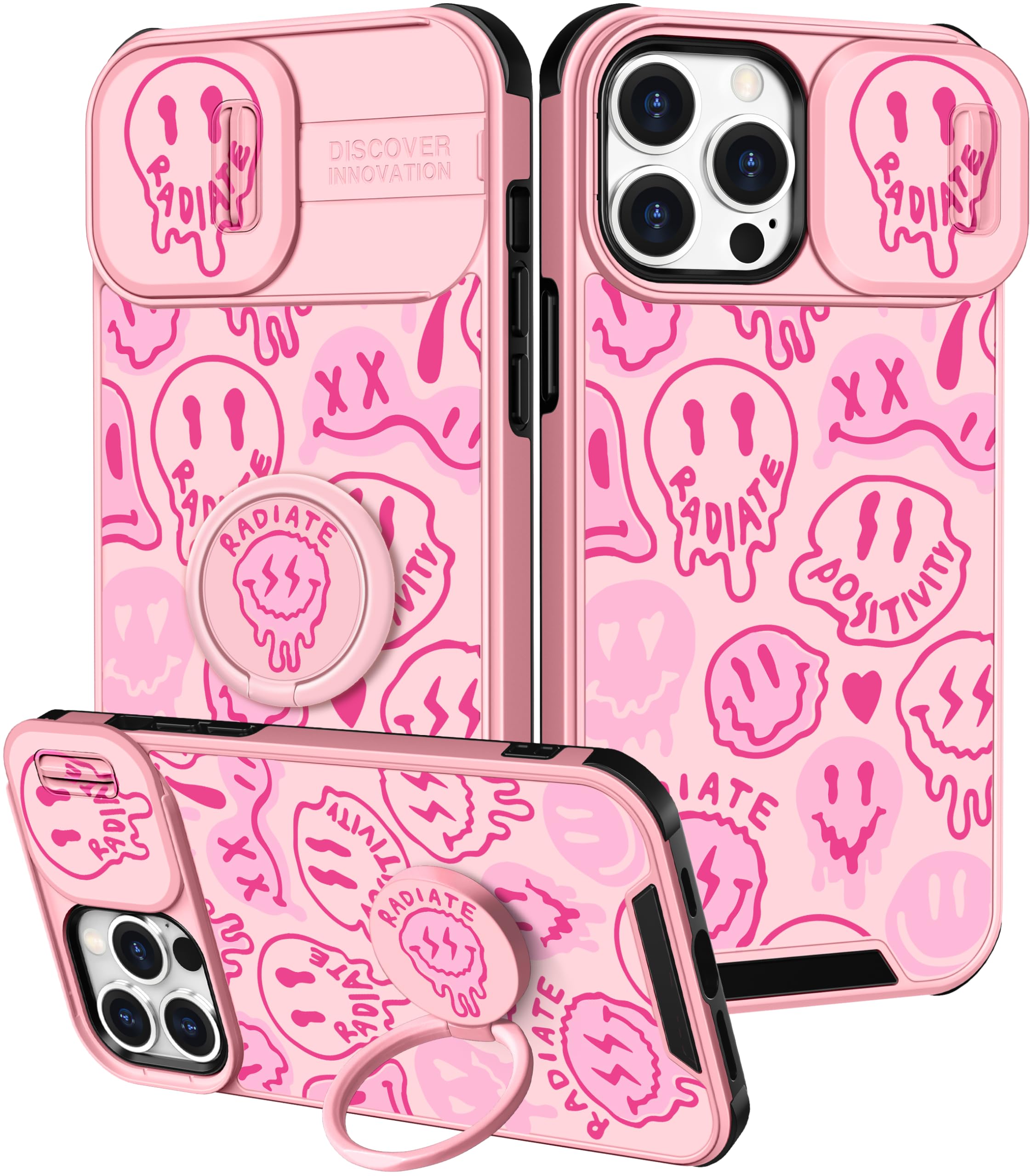 Goocrux (2in1 for iPhone 15 Pro Case for Women Girls Cute Phone Cover Girly Cool Pretty Fun Unique Fashion Aesthetic Teen Design with Slide Camera Cover+Ring Stand Holder for iPhone 15 Pro Cases 6.1''
