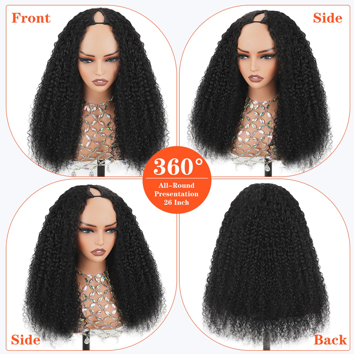 Xagujpo 250% Density V Part Wig Human Hair Curly Human Hair Wigs for Black Women Kinky Curly Upgrade U Part Wigs with Adjustable Drawstring No Leave Out Half Wig Human Hair Natural Color 20 Inch
