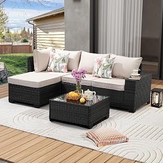 JOYURE 5-Piece Beige Rattan Patio Furniture Set - All-Weather Outdoor Sectional Sofa with Cushions, Glass Table & Ottoman