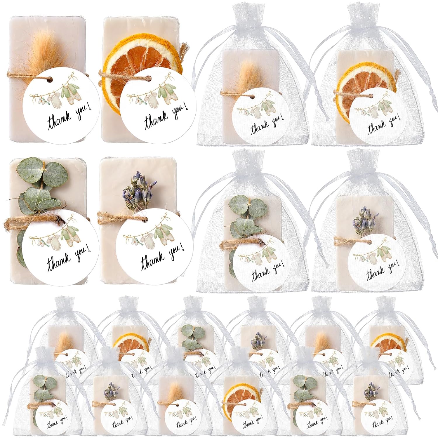 Leelosp 24 Sets Mini Eucalyptus Soap Favors Soap Thank You Gifts with Cards Organza Bags Handmade Neutral Gifts for Baby Shower Bridal Shower Birthday Wedding Party Favors Guest Prize Souvenirs