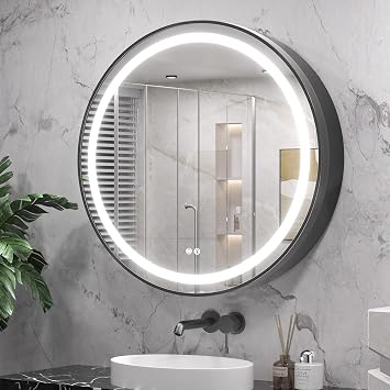 Keonjinn 30 Inch Round Lighted Medicine Cabinet, Black LED Medicine Cabinet Mirror, Circle, Electrical Outlet, 3 Color Lights, Anti-Fog, Dimmable, Surface Mount Only