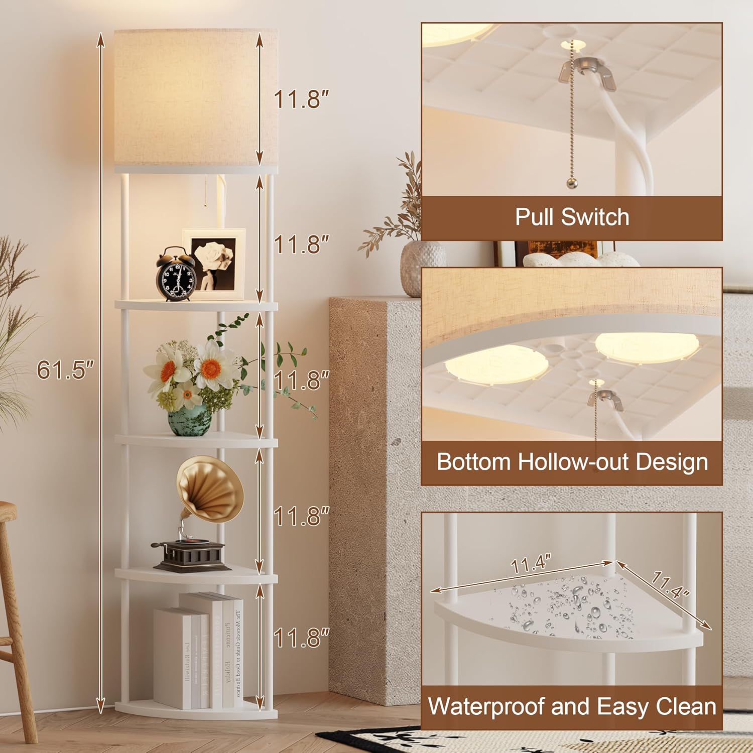 Qupui Floor Lamp with Shelves, Modern 5 Tier Corner Stand Lamp with 3 Color Temperature Bulb, Storage Home Decor Organizer Shelves for Bedroom Living Room, White