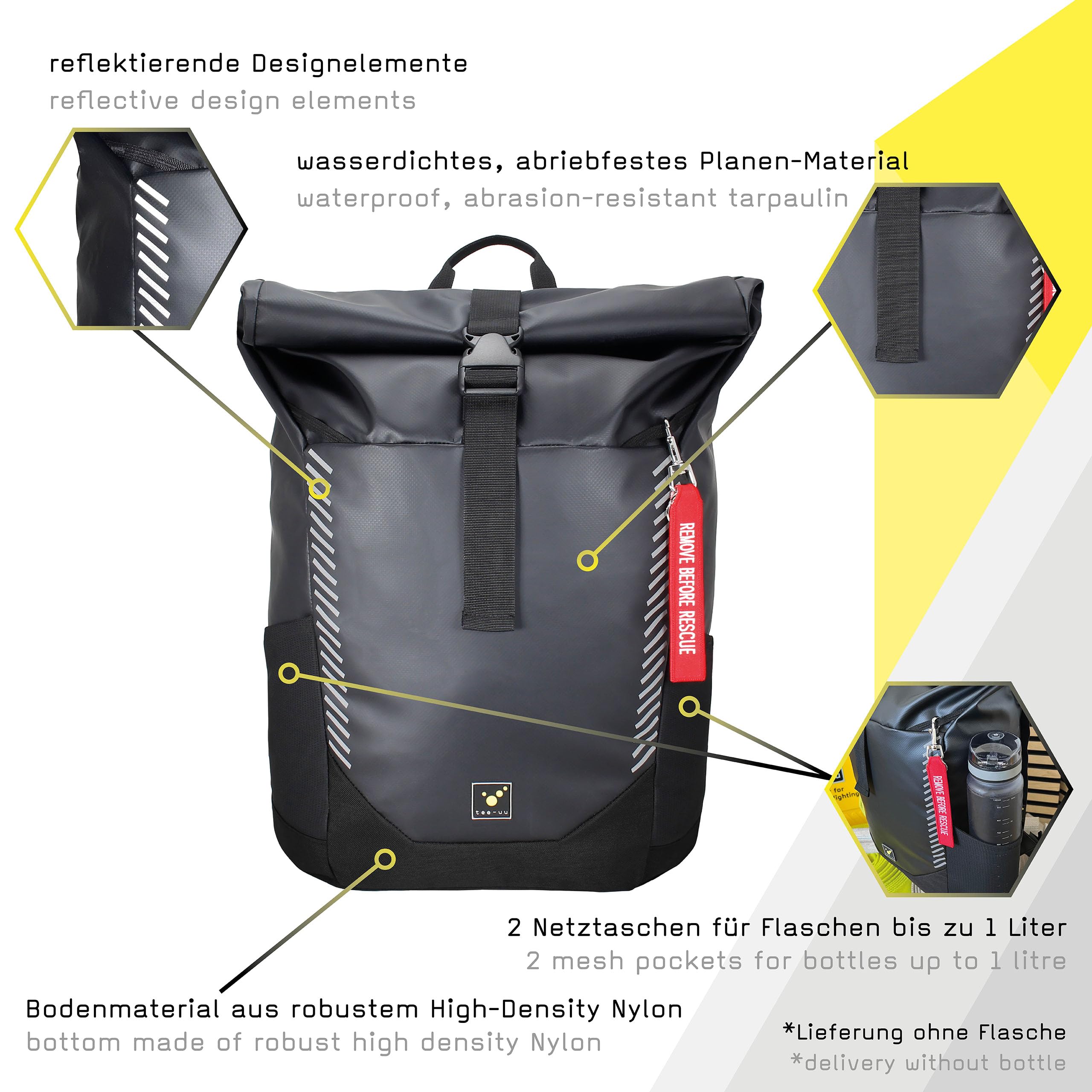 tee-uu CAROBAG schwarz, trendiger Rolltop-Rucksack | Moderner Rolltop-Rucksack mit schützendem Laptopfach.