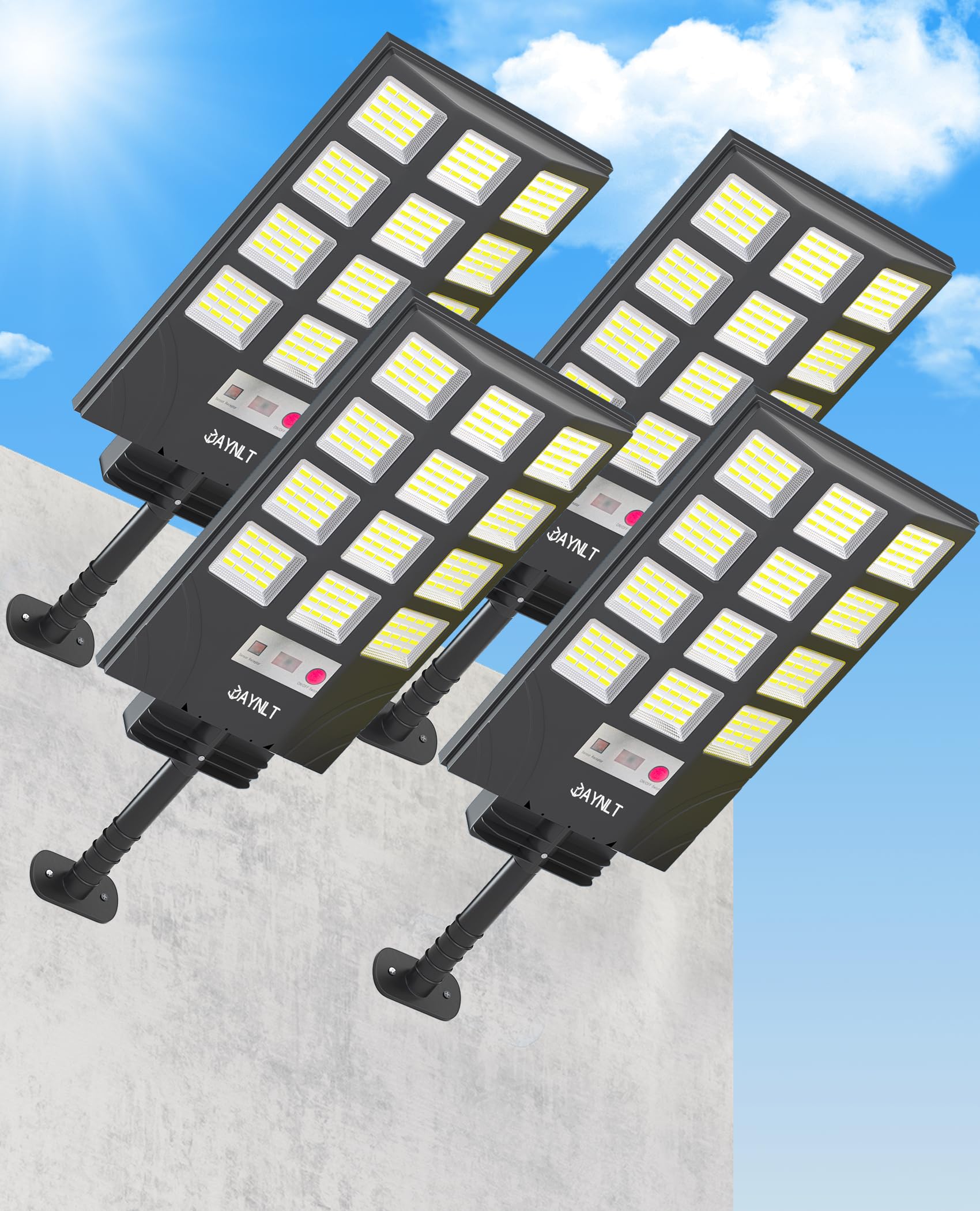 JAYNLT Solar Straßenlaterne für Außen, Solarlampen mit Bewegungssensor, 6500K Solarleuchten Dämmerung bis zum Morgengrauen, IP66 Wasserdichte Solarstrahler für Gärten Garage - 4PACK