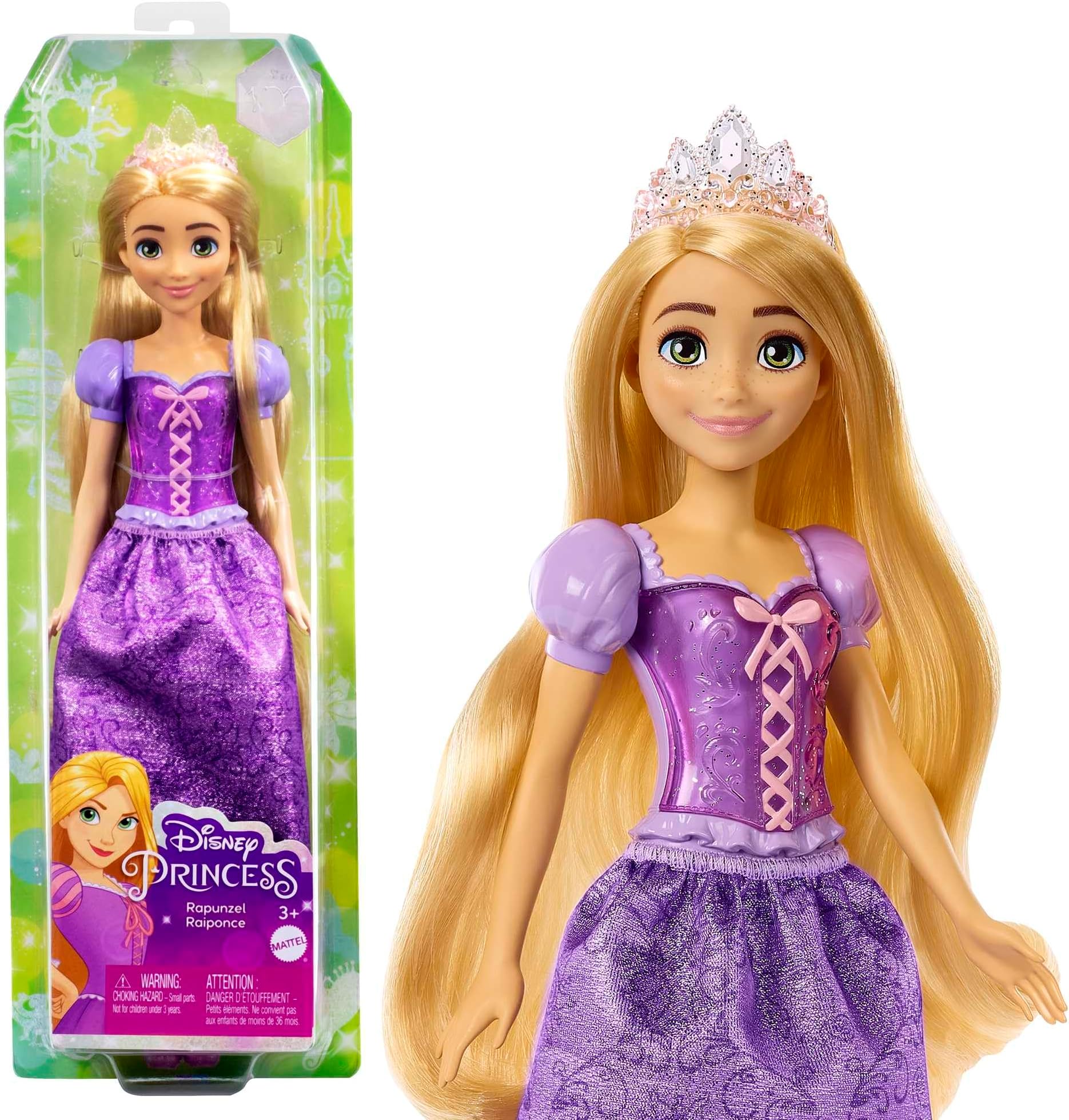 Mattel Disney Princess Rapunzel Doll, Tangled in Signature Clothing, Collectible Fashion, Poseable with Blonde Hair, Tiara Crown, Accessories, Toys for Ages 3 and Up, HLW03
