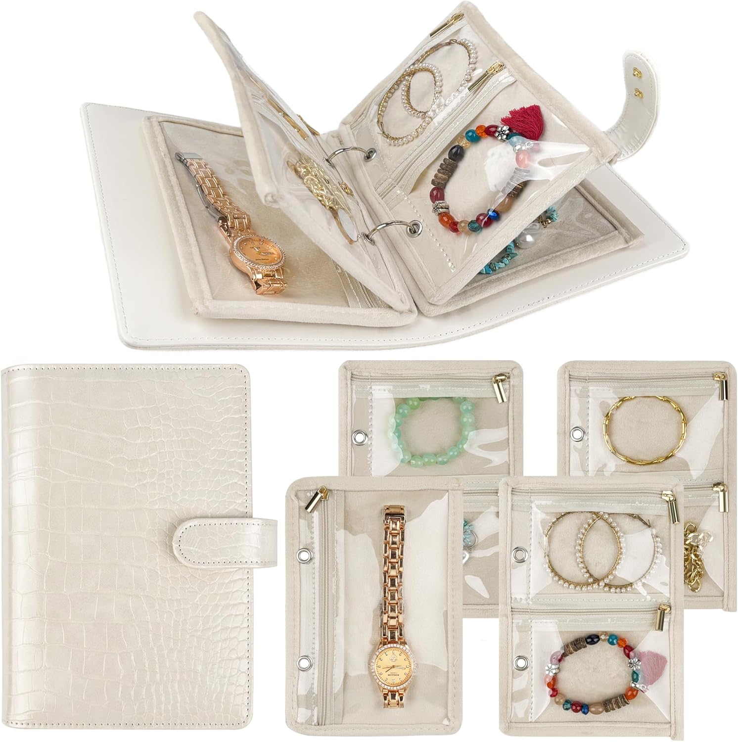 Travel Jewelry Organizer Case,Small Jewelry Bags Jewelry Storage Book Ring Binder with Clear Zipper Velvet Pouch for Traveling