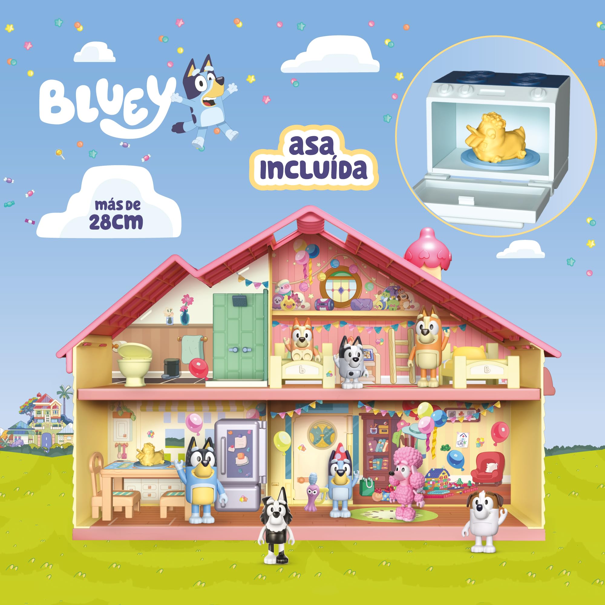 Bluey – Family House Playset, Casita de Juguete del Perrito, Cierra para Guardar Todo y asa para Jugar y Llevarla Todos Lados, Muebles y Accesorios y Una Figura articulada, Famosa (Bly04000)