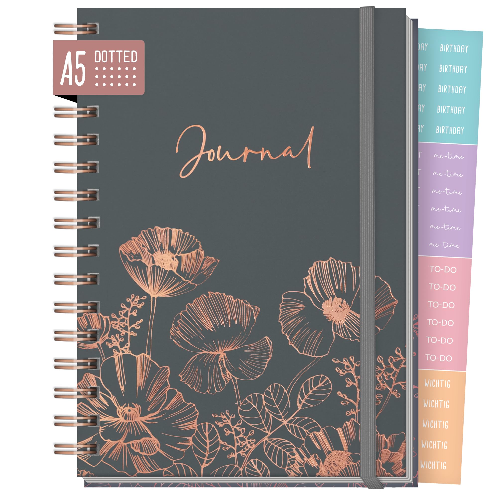 Hfft Dotted Journal Fancy - Hardcover notebook A5, 120 g/m paper, rose gold embossing, 160 pages - ring binder, diary Poppy