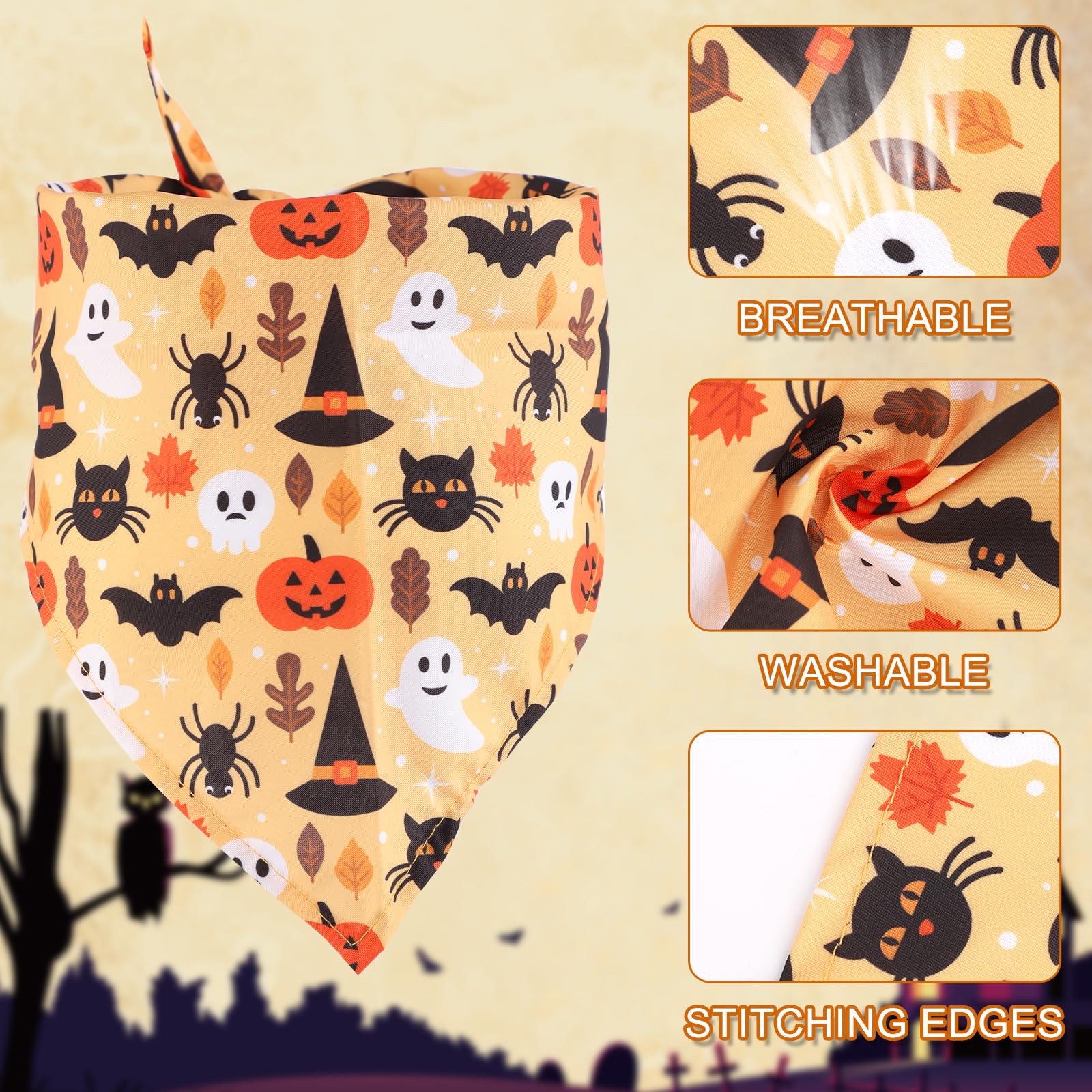 NQEUEPN 4pcs Halloween Dog Bandana, Triangle Dog Scarf, Pumpkin Bat Pattern, Medium, Orange, Polyester, Bandana - Image 4