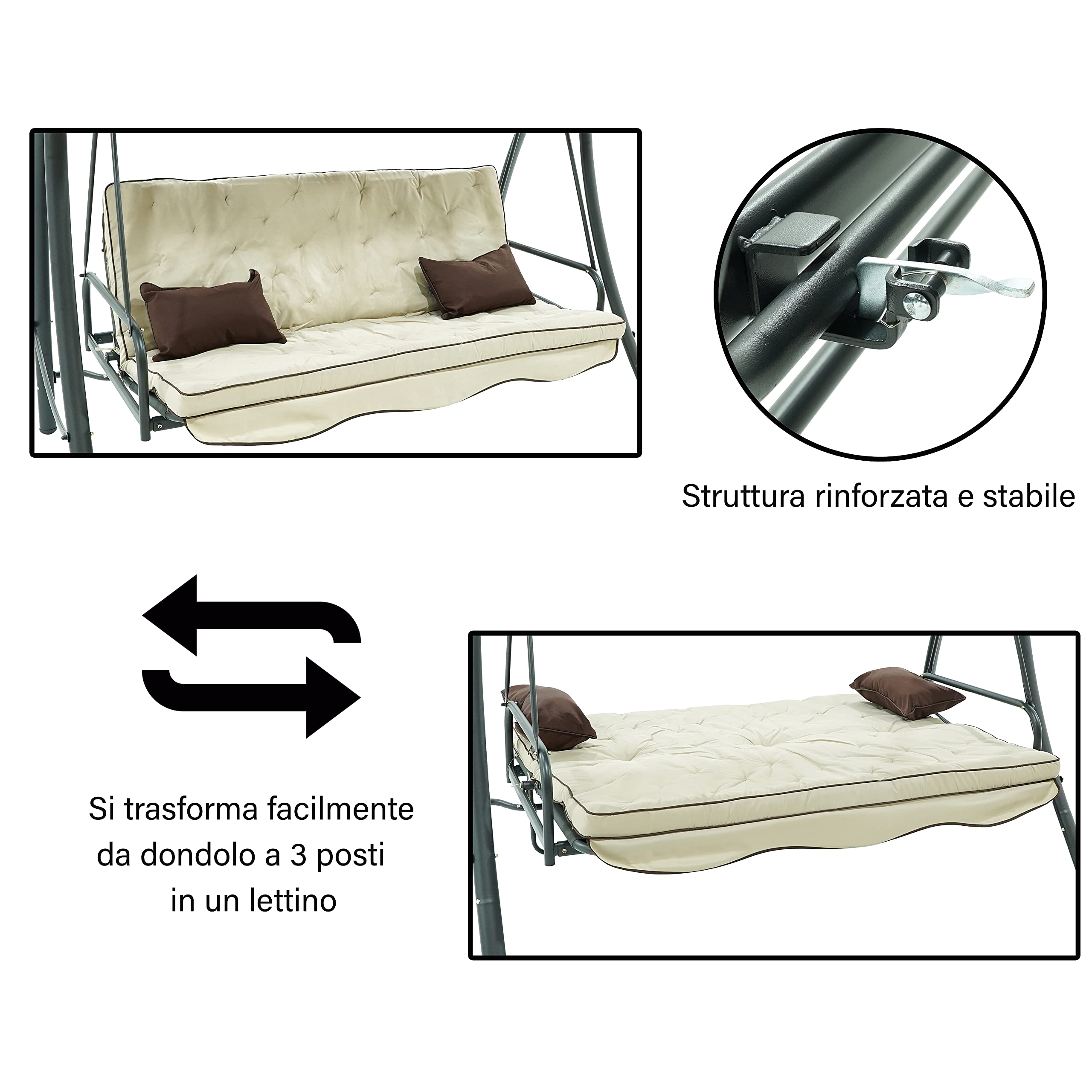 Dondolo Altalena da Giardino 3 Posti con Tetto Parasole Regolabile Convertibile in Letto Struttura in Acciaio e Tessuto Impermeabile Grigio Marrone