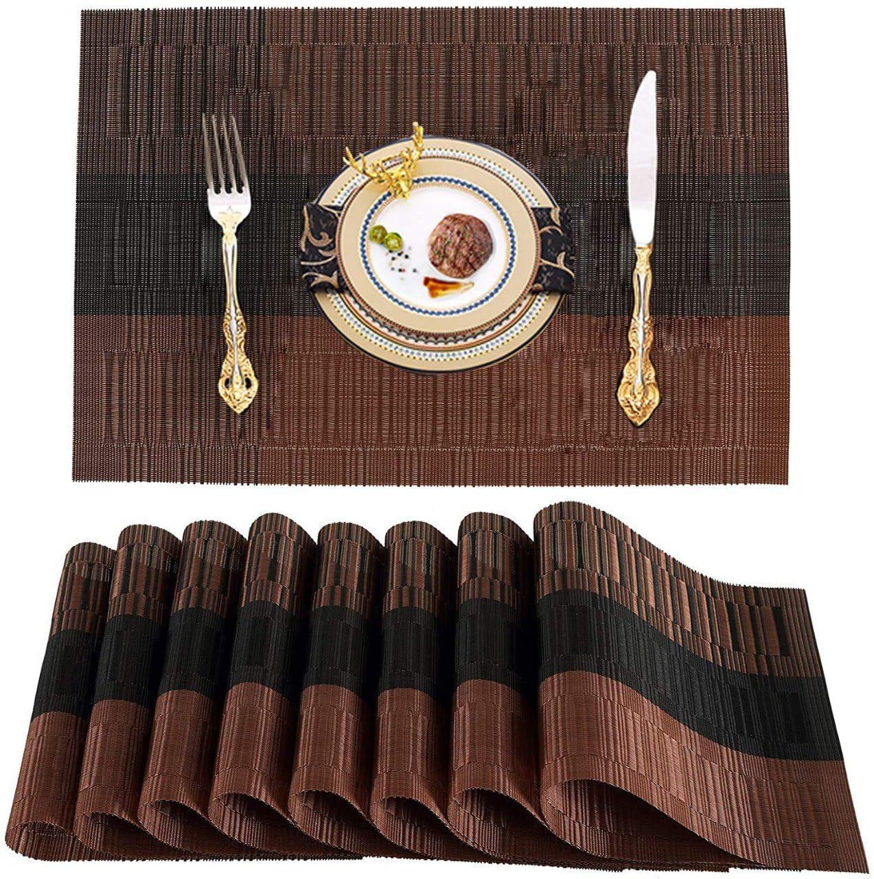 XIBO Table Mat Brown & Black PVC Vinyl Dining Table Placemats | Heat Resistant, Washable, Stain Resistant, Waterproof for Home, Restaurant & Gifting.