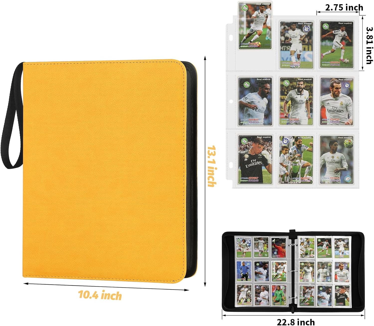 GERMUN 3 Ring 9 Pocket Zipper Card Binder, 720 Double Sided Standard PU Trading Card Album Folder for TCG & Sports Cards, Not Fit Top Loaders (yellow) image 2