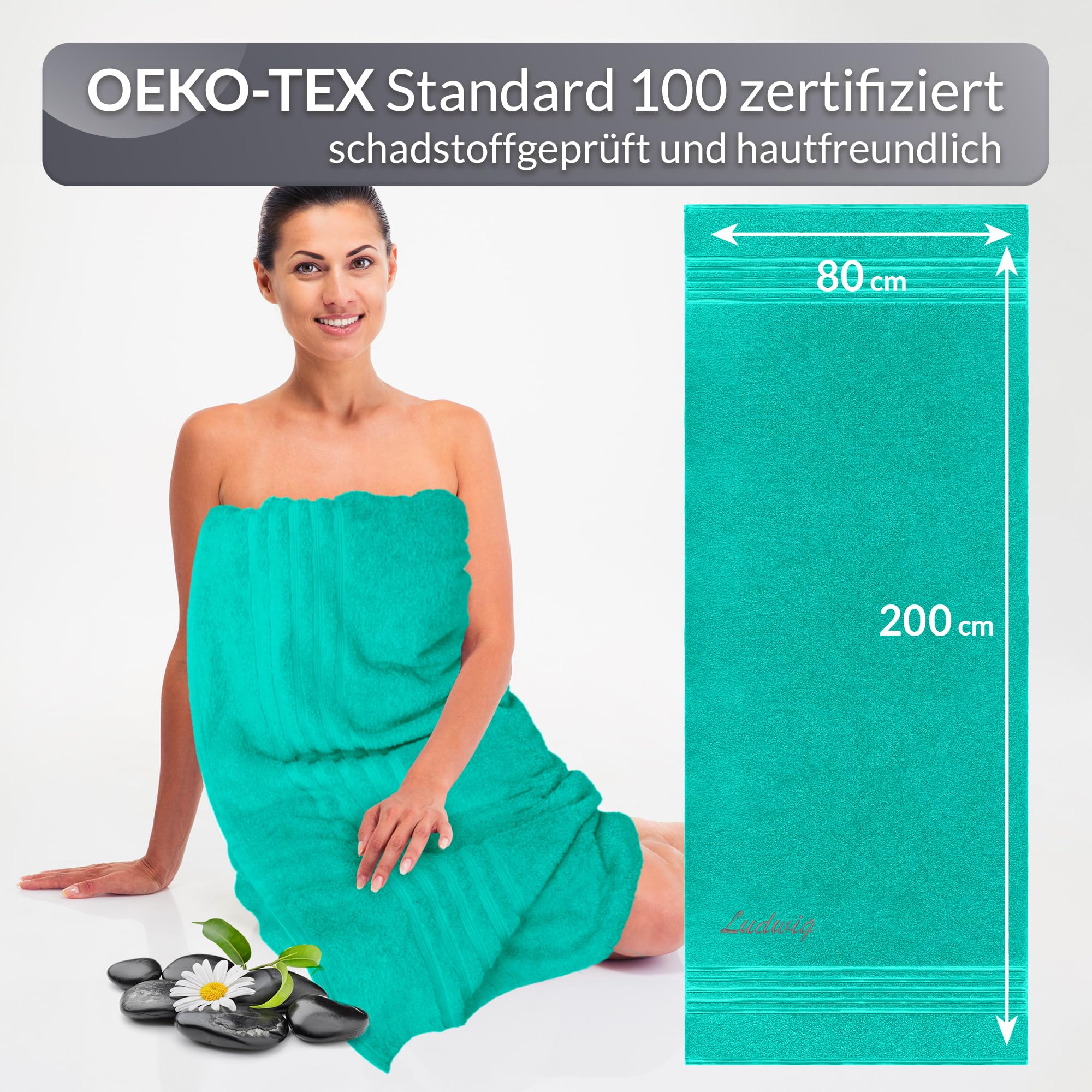 Lashuma personalisiertes Saunatuch XXL, London großes Sauna Handtuch mit Namen Bestickt 80x200 cm Türkis - Meer