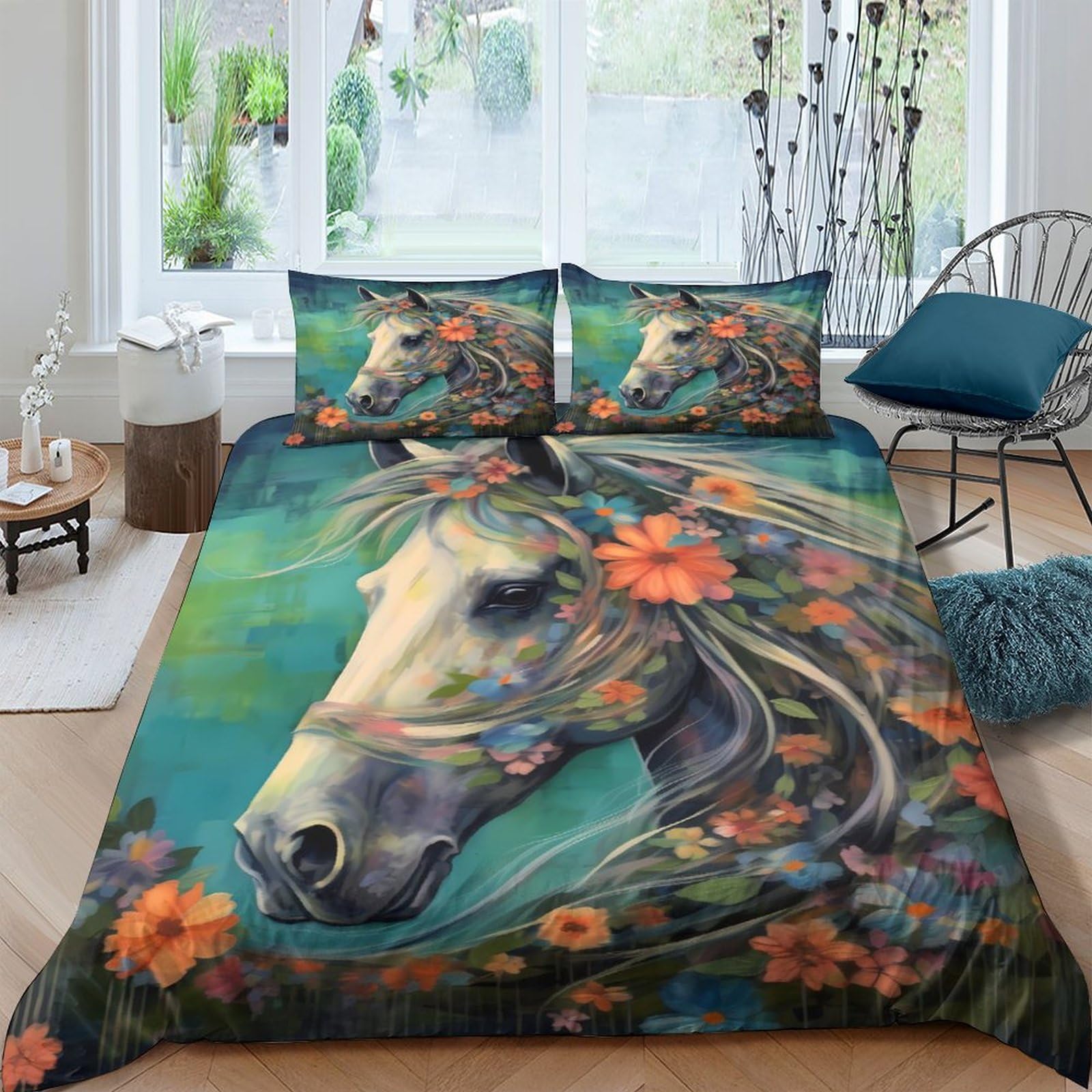 Housse de couette microfibre chevaux 3D finitions haut de gamme